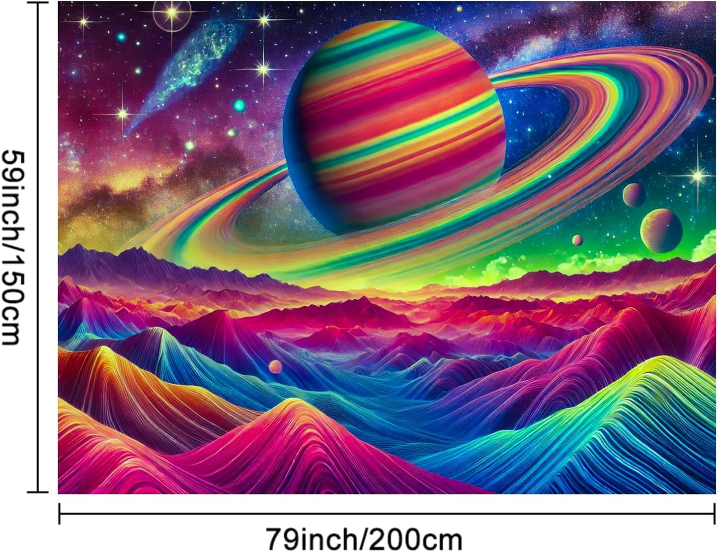 BlissYard Psychedelic Saturn Landscape UV Black Light Tapestry 78x59 Inches Art Color Neon Light Background Bedroom Living Room Wall Party Decoration Galaxy Planet Ringed Space Mountain Sci-Fi Scene