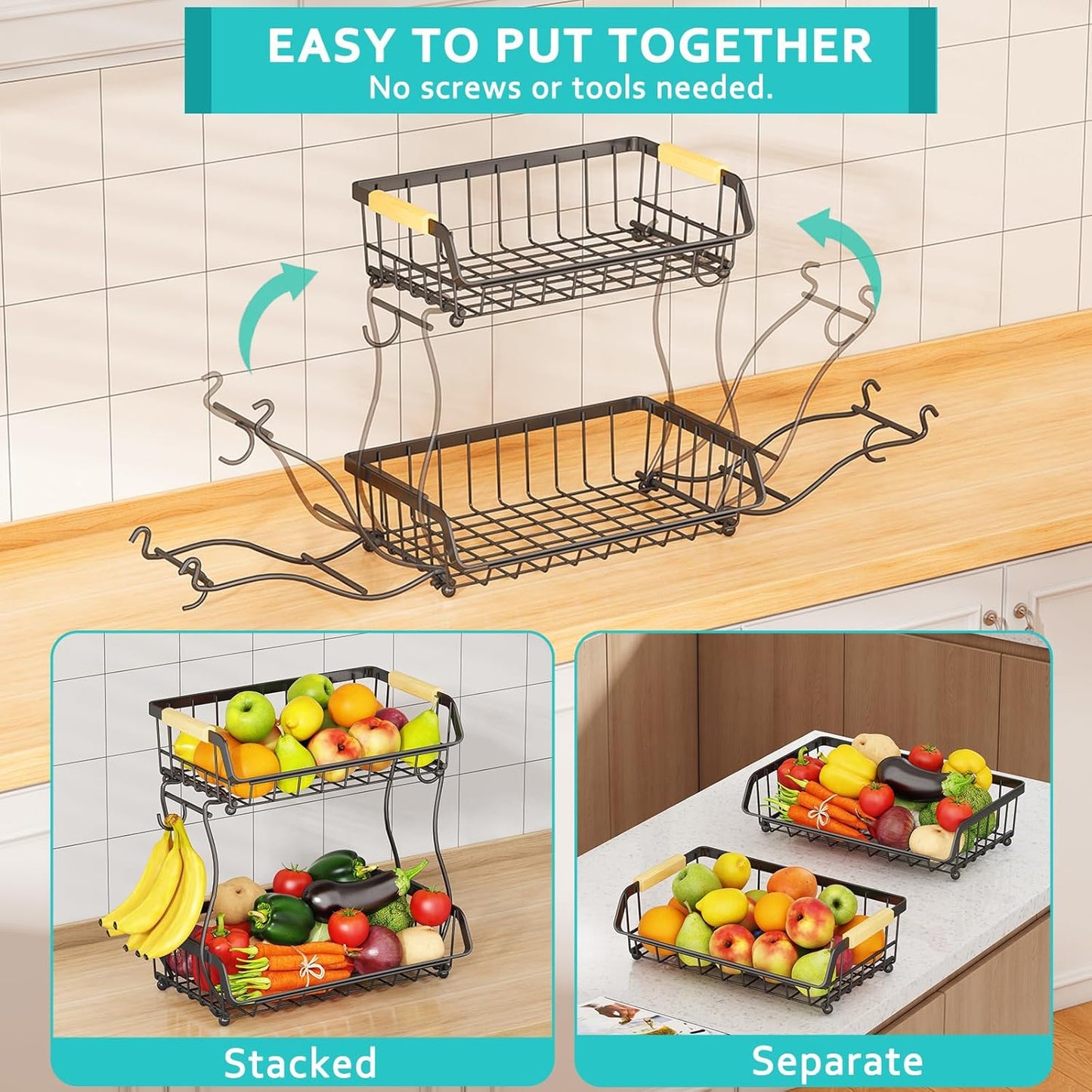 2 Tier Fruit Basket with 2 Banana Hangers, Detachable Countertop Fruit Bowls for Kitchen Counter, Metal Wire Fruit Vegetable Storage Holder Stand with Wooden Handles for Bread, Snacks, Veggies