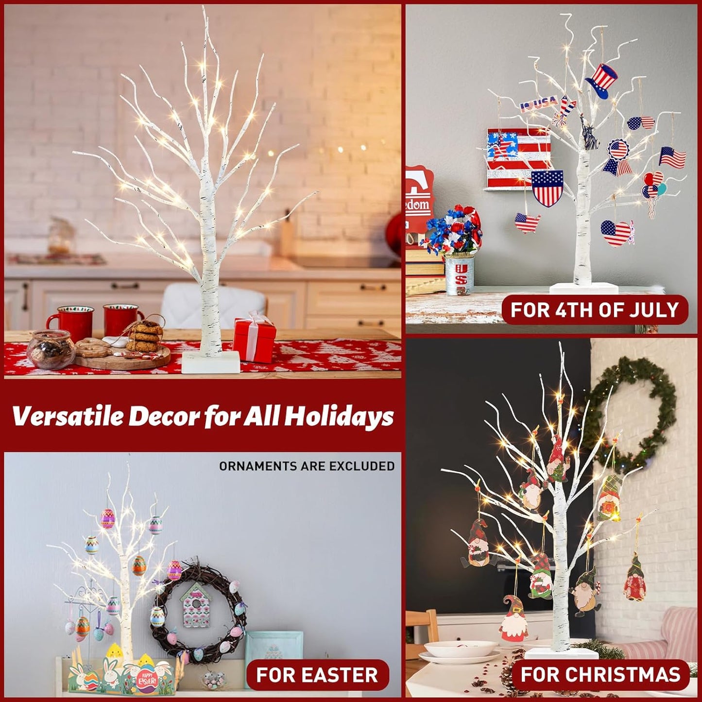 PEIDUO Artificial Tree for Easter Decorations, 2 FT Birch Tree with LED Lights, Warm White Fairy Lights Spirit Tree Lamp for Home Indoor Tabletop Christmas Decor Centerpiece, Battery Powered, Timer