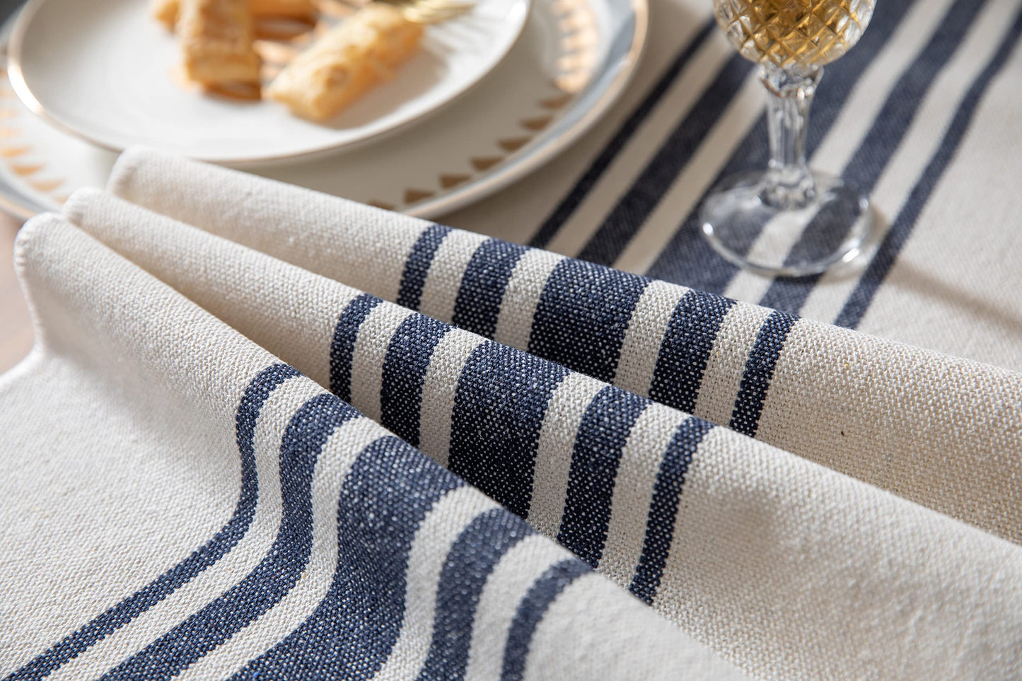 Boho Farmhouse Navy Blue & Beige Table Runner – Handcrafted Tassels, Modern Home Decor for Dining Table – Available in 4 Sizes!