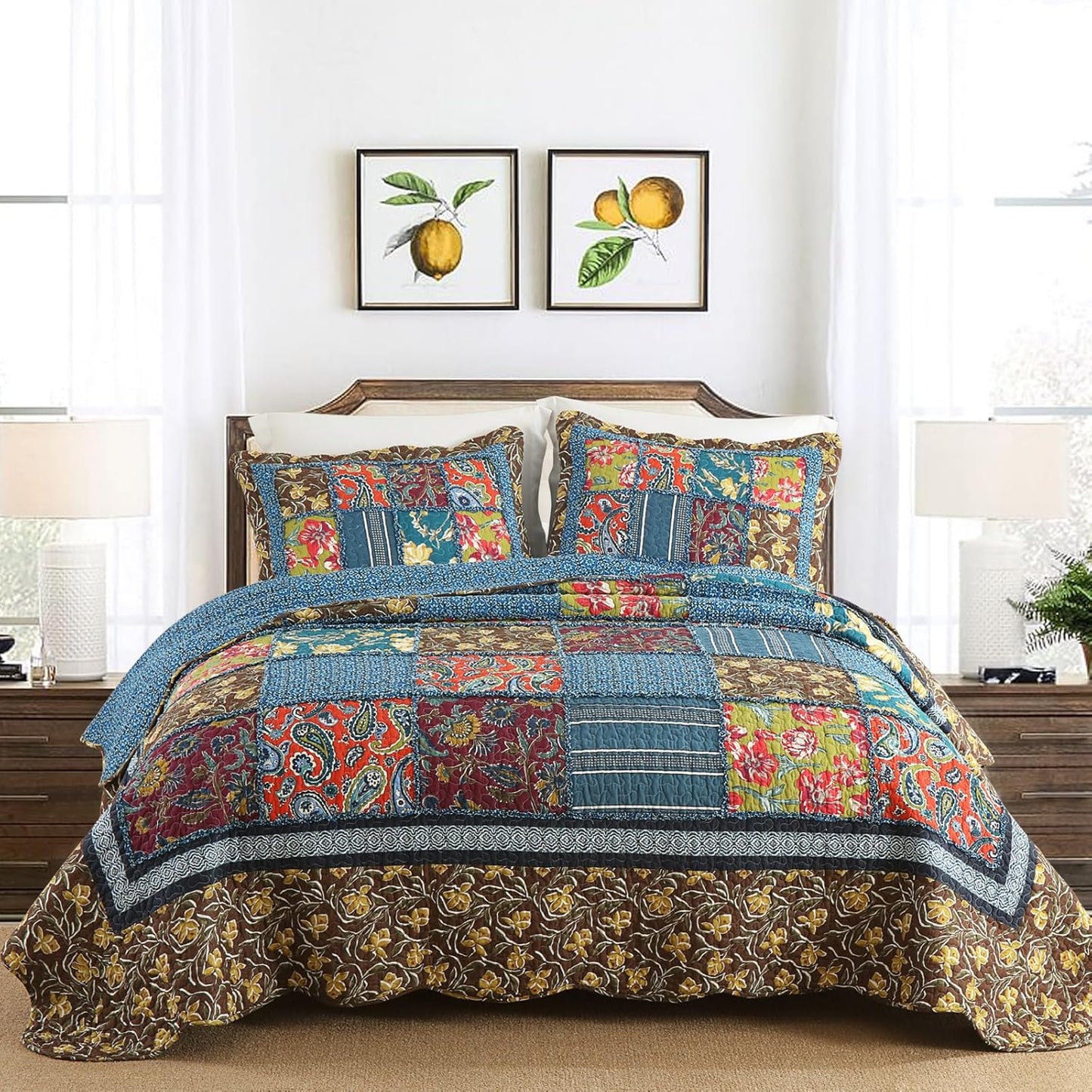 Yvooxny King Quilt Set Reversible Paisley King Size Quilted Bedspread Coverlet Set Country Farmhouse Cottage Quilted Bedding Set with Pillowcases for All Seasons, King Size, 108 * 96 Inches