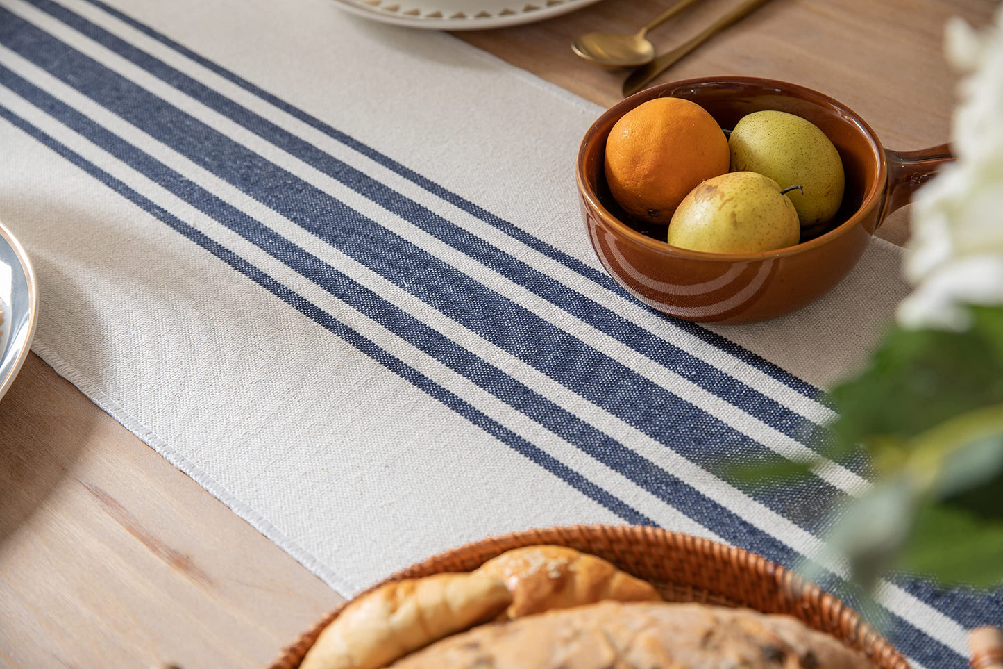 Boho Farmhouse Navy Blue & Beige Table Runner – Handcrafted Tassels, Modern Home Decor for Dining Table – Available in 4 Sizes!