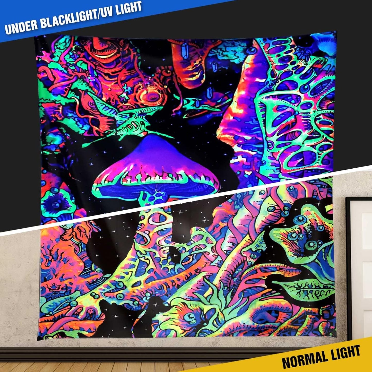 ADDWel Blacklight Mushroom Tapestry, Fantastic Upright Tapestry Glow In The Dark, UV Reactive Black Light Tapestries Posters Wall Hanging for Backdrop Bedroom Dorm Living Room Decor(50"x60")
