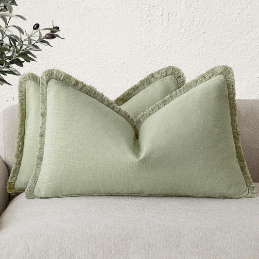 Foindtower Set of 2 Decorative Linen Fringe Throw Pillow Covers Farmhouse Cushion Cover with Tassels Lumbar Accent Pillowcase for Couch Bed Living Room Home Bedroom Decor,12×24 Inch,Light Sage Green