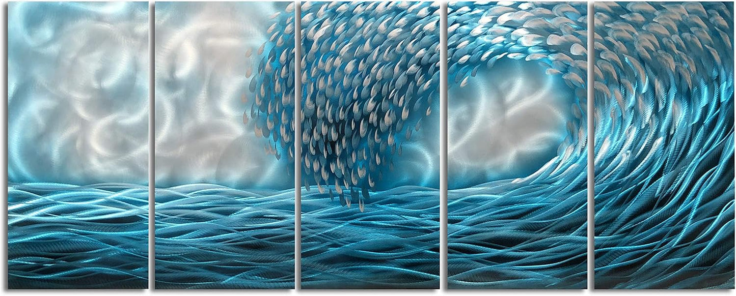 Yihui Arts Hand Crafted Blue Sea Wave 3D Metal Wall Art - Coastal 5 Panel Aluminum Sculpture for Big Abstract Office, Hallway, Fireplace, and Home Decor