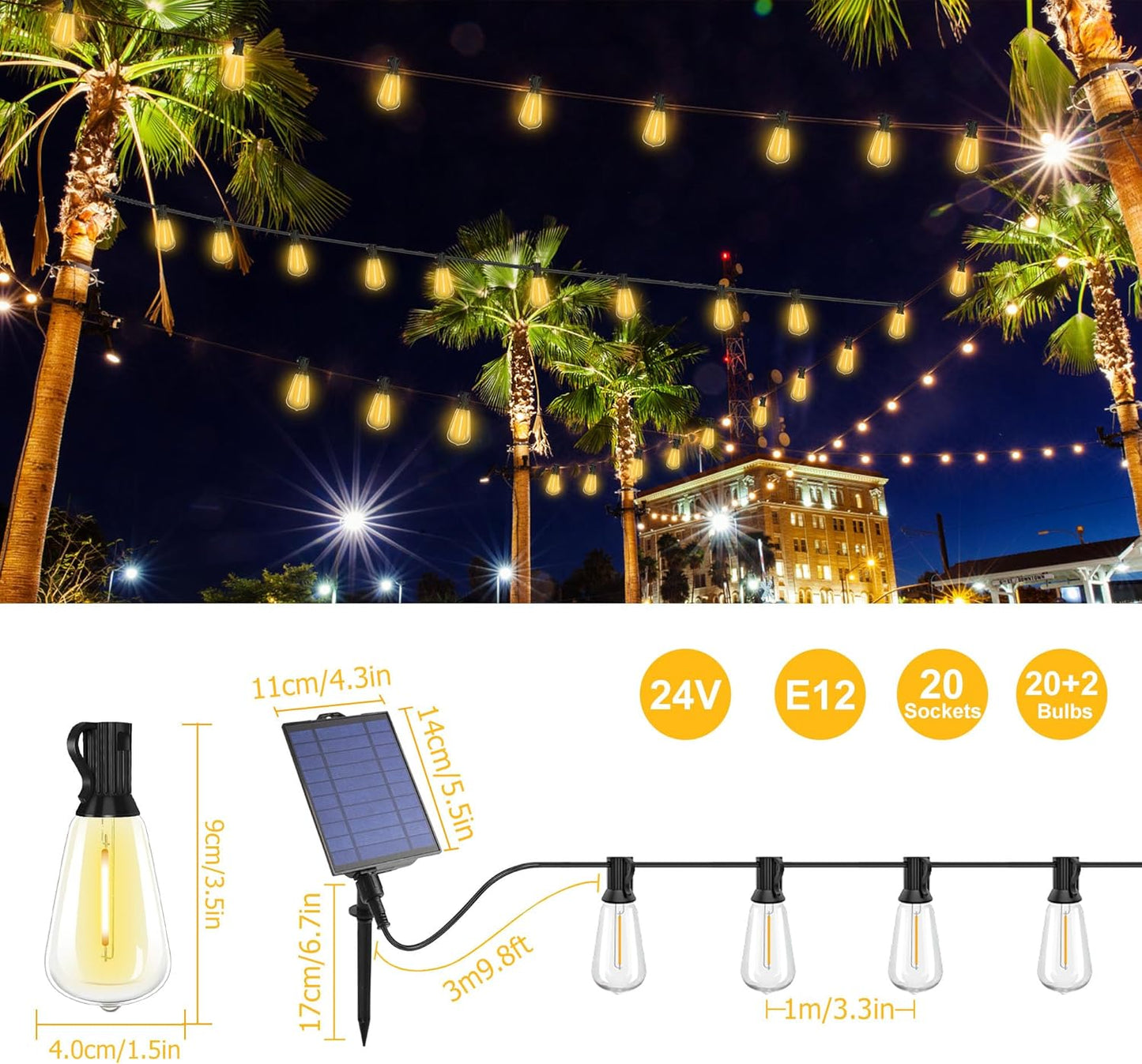 Solar Powered Warm White LED Outdoor String Light with Remote Control, Shatterproof Light Bulbs for Backyard Garden Patio Pergola Gazebo Bistro Bedroom Christmas Wedding Party (20+2 Bulbs)