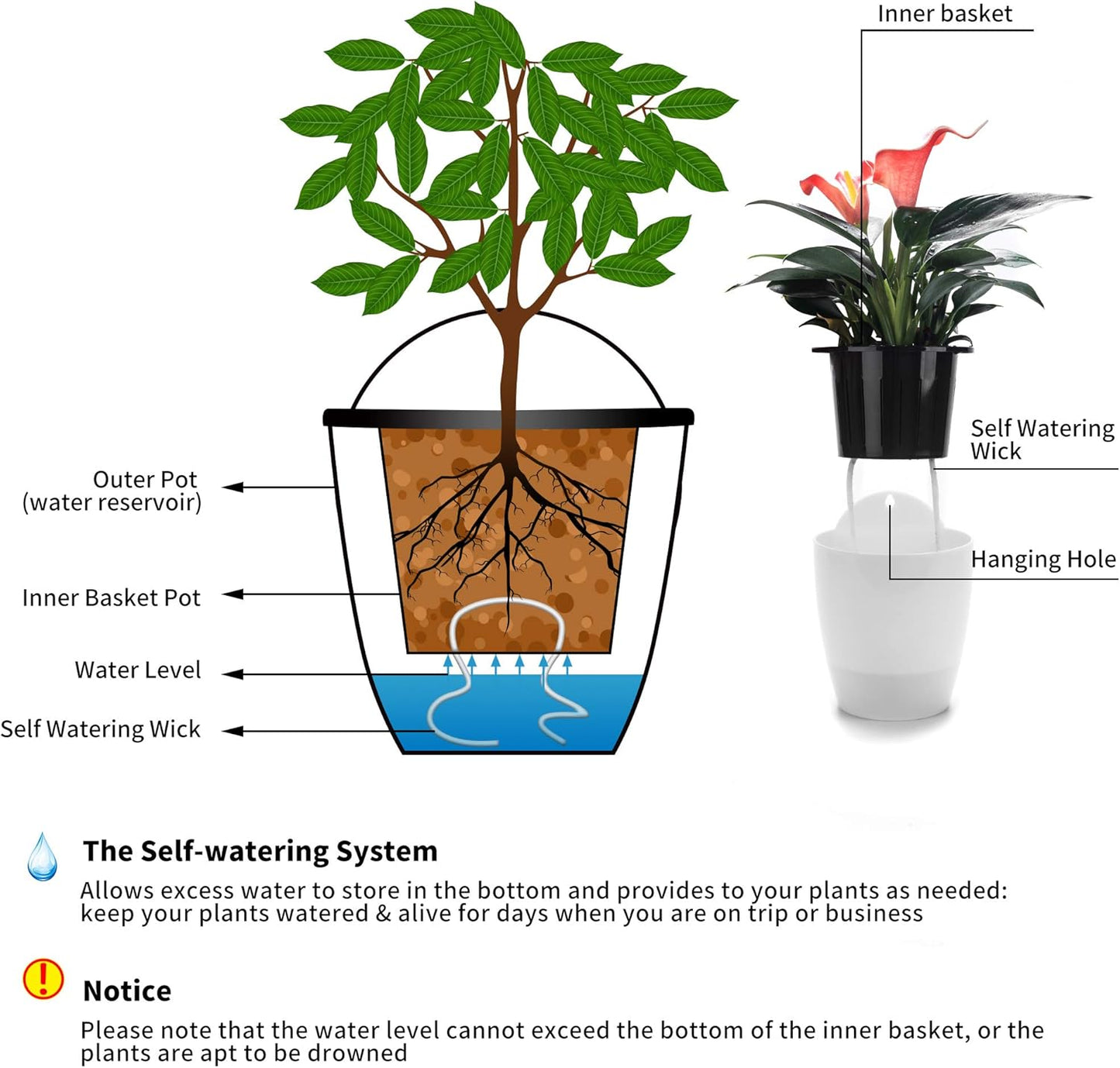 3 Pack Self Watering Wall Hanging Planter Pots Vertical Garden Window Hang Mount Indoor Outdoor Plant Flower Basket for Kitchen Herbs Balcony Railing Shelf Fence Bedroom Trellis Decor Modern White Box