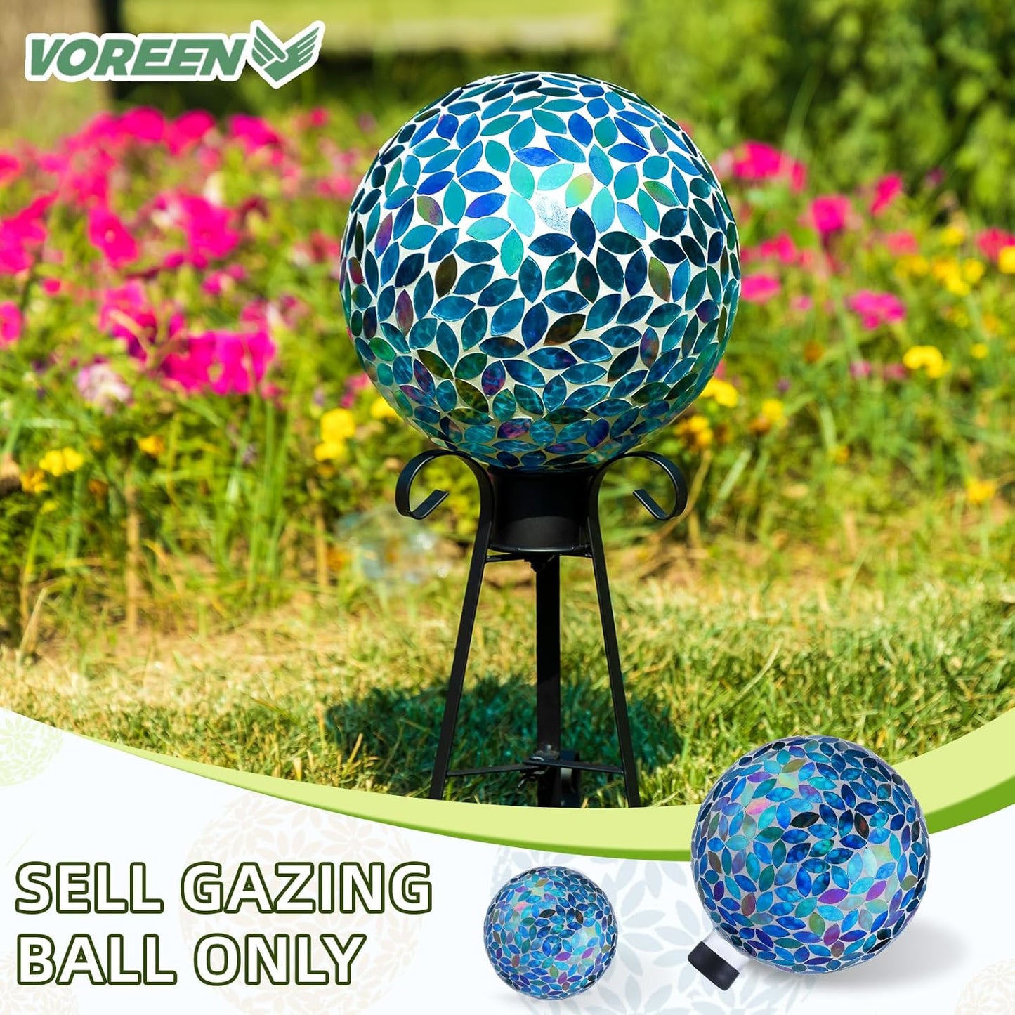 VOREEN 10-Inch Gazing Ball Glass Mosaic Gazing Globe, Outdoor Reflective Ball Yard Decoration for Homes, Patio, Lawn and Gardens, Gift for Mom Wife Friend, Blue and Amber