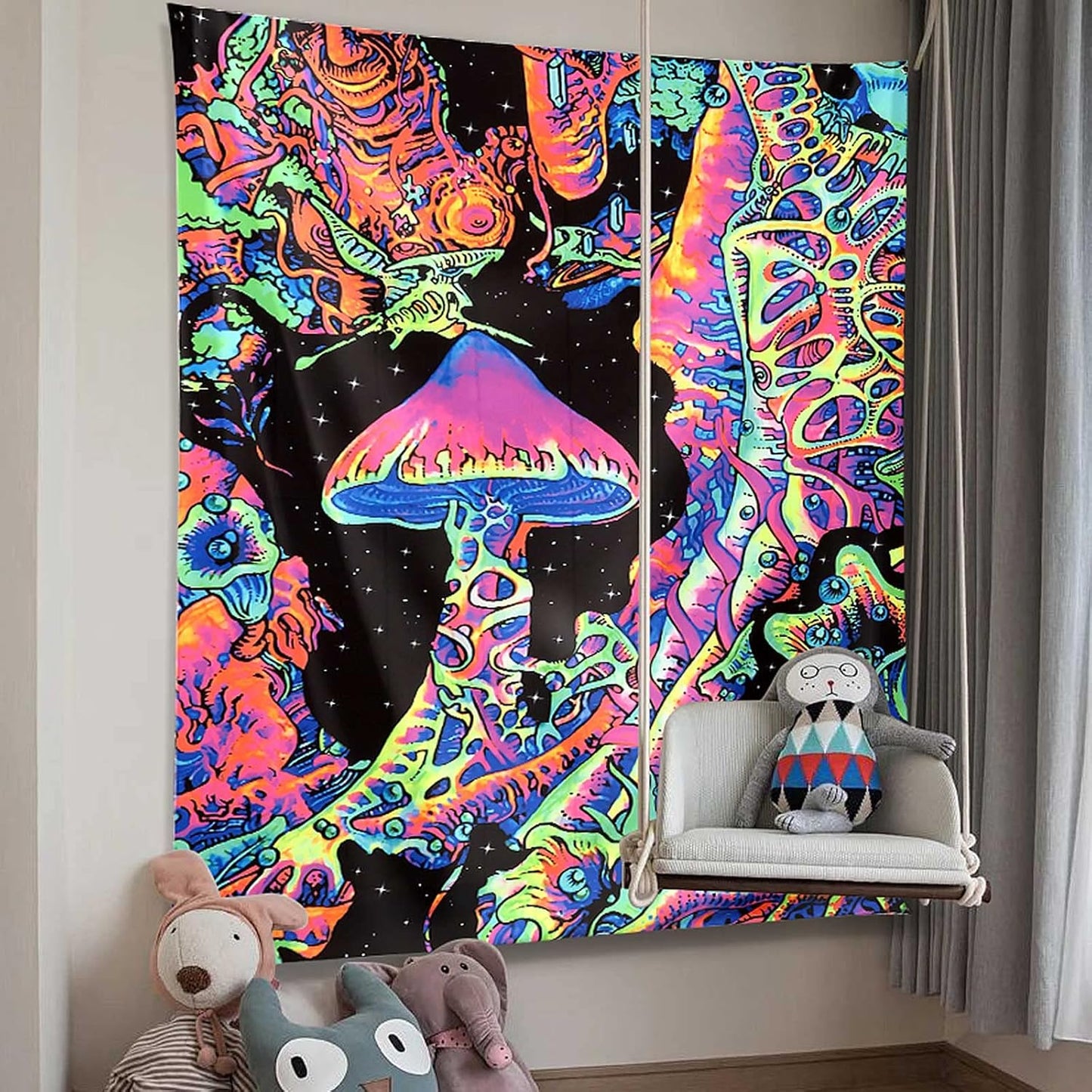 ADDWel Blacklight Mushroom Tapestry, Upright Tapestry Glow In The Dark, UV Reactive Black Light Tapestries Posters Wall Hanging for Backdrop Bedroom Dorm Living Room Decor(70"x90")