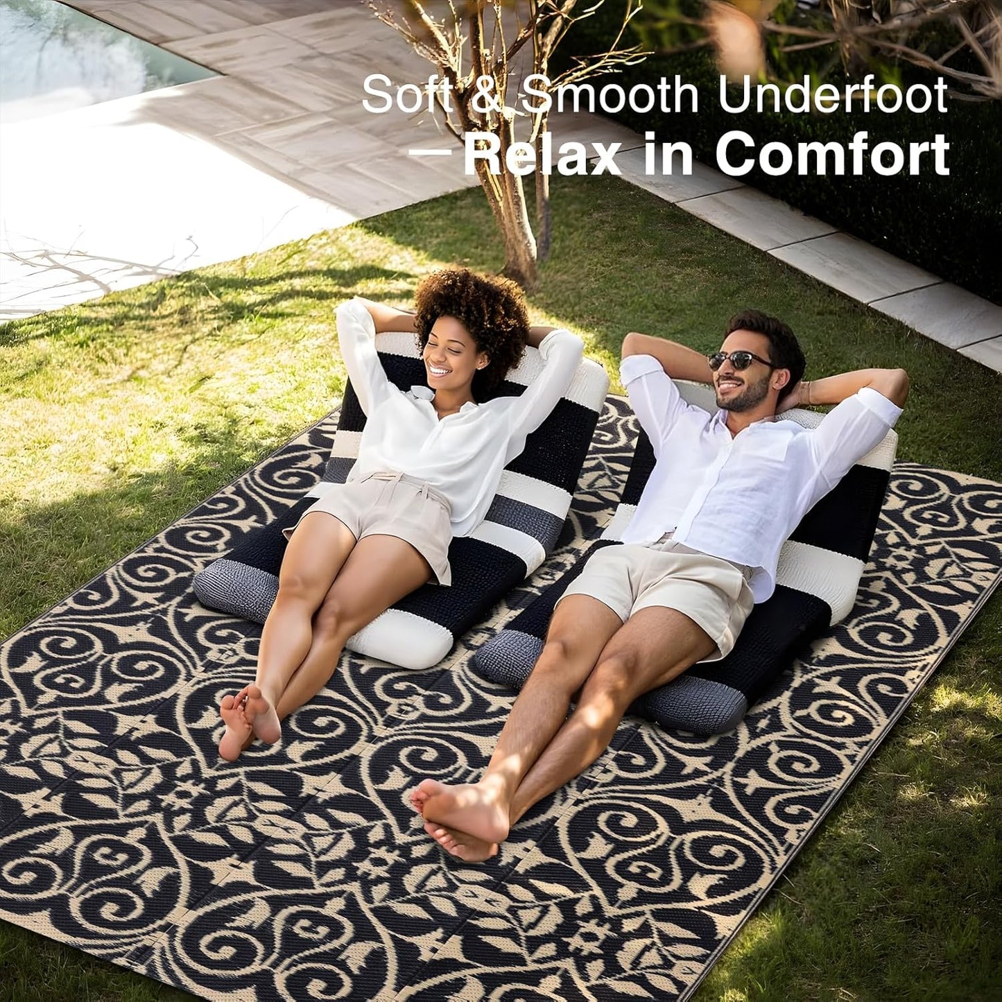 OLANLY Outdoor Rug Waterproof 5x8 ft Clearance, Reversible Outdoor Plastic Straw Rug with Floral Pattern, RV Mat for Patio, Camping, Balcony, Deck, Backyard, Black & Beige