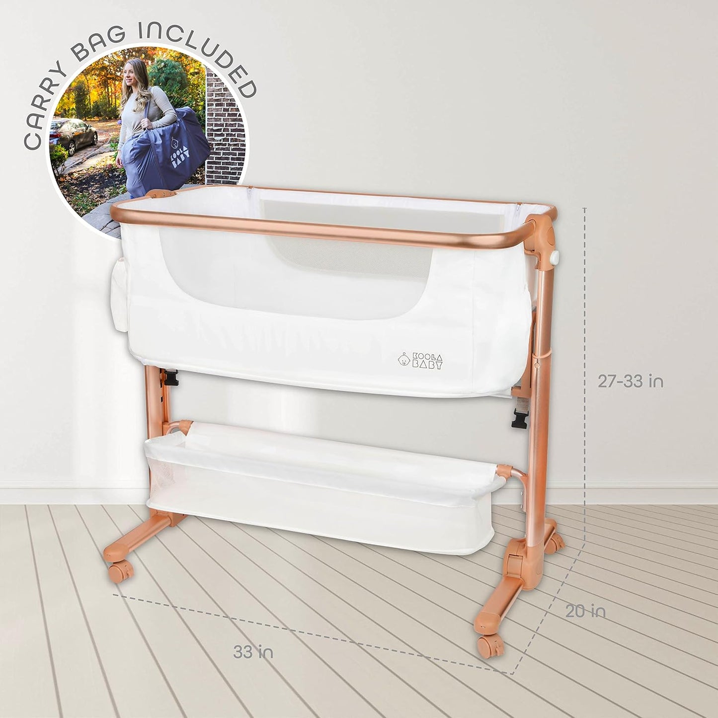 KoolerThings Baby Bassinet, Bedside Sleeper for Baby, Easy Folding Portable Crib with Storage Basket for Newborn, Bedside Bassinet, Comfy Mattress/Travel Bag Included (Bassinet) (White & Gold)