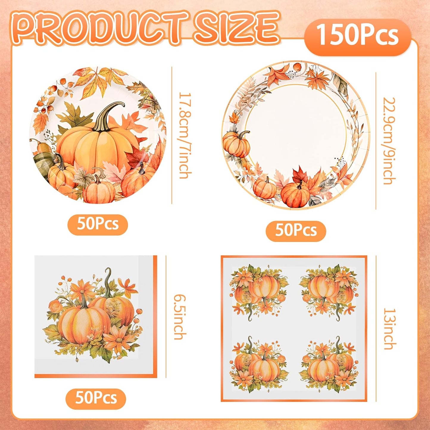 150Pcs Thanksgiving Fall Pumpkin Paper Plates and Napkins Fall Party Supplies Watercolor Pumpkin Maple Disposable Plates Autumn Plates for Fall Decor Thanksgiving Party Supplies,Serve 50 Guests