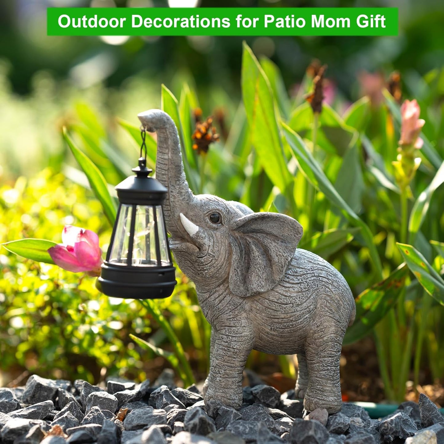 Solar Garden Statue Lights Elephants Figurine with Solar Lantern, Outdoor Yard Decorations for Patio Porch Home, Christmas Elephant Gifts for Women - Unique Housewarming Gifts