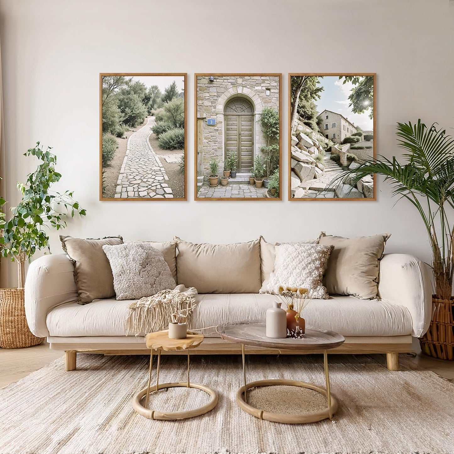 Aurlan Neutral Italy Countryside Landscape Framed Wall Art(16"x24"), 3PCS Vintage Mediterranean City Photography Gallery Canvas Artwork, Large Old Town Architecture Travel Decor Prints for Office Bedroom