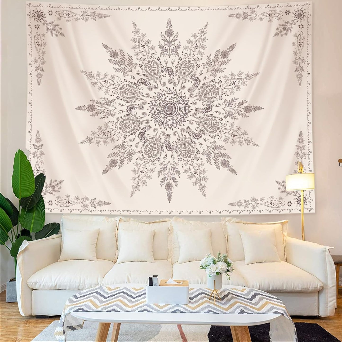 Lunerfex Boho Floral Tapestry Mandala Wall Tapestry, Cute Tapestries for Bedroom Beige Flower Tapestries Wall Hanging for Bedroom Living Room Decor Beige-2 60"x80"