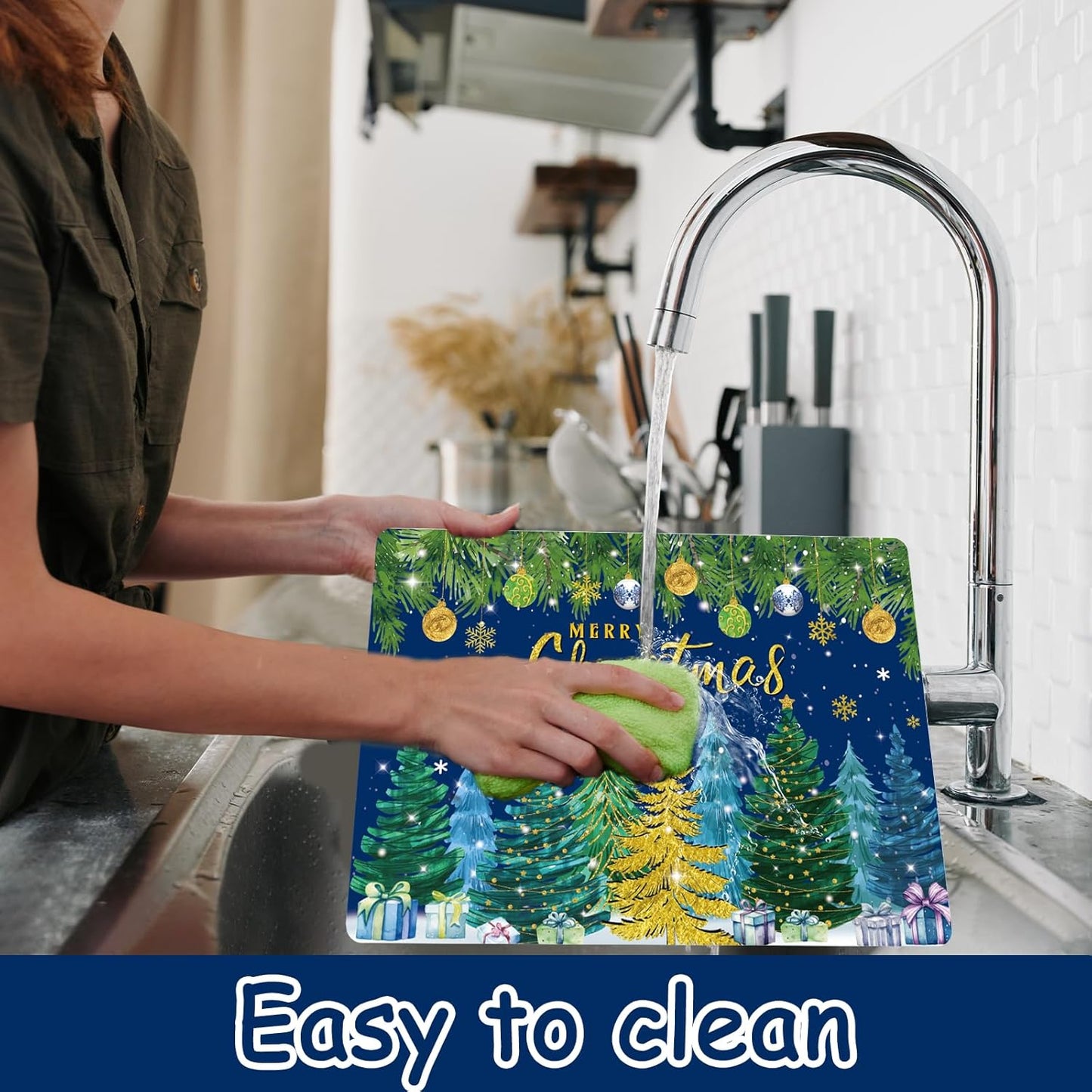 Christmas Pine Trees Placemats Set of 6 Plastic Table Mats Xmas Ball Ornaments Snowflakes Place Mats Holiday Pine Trees Winter Table Decoration for Indoor Outdoor Party Kitchen Dining