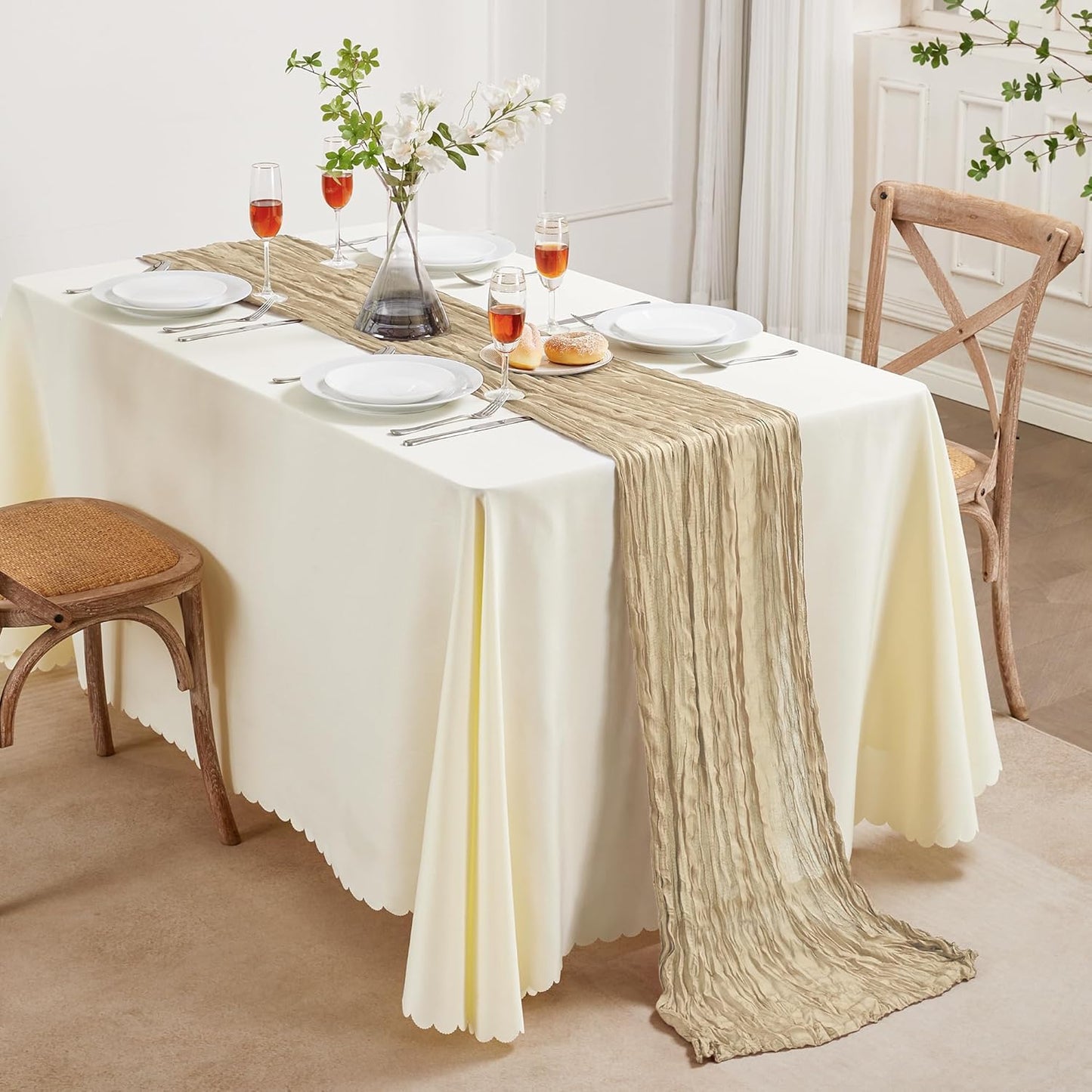 Cheesecloth Table Runner 10FT Long Boho Gauze Table Runner Rustic Sheer Runner for Wedding Bridal Baby Shower Birthday Party Table Decor Thanksgiving Christmas (Beige, 6 Pack)