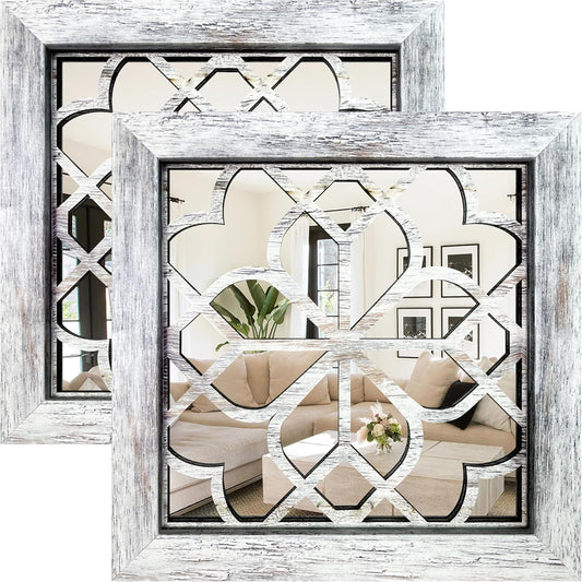 Boho Square Wall Mirrors Set of 2-12" x12'Decorative Mirrors for Wall Decor, BrownHandcrafted Mirror Panels Perfect for LivingRoom Bedroom Entryway Hallway (Grey)