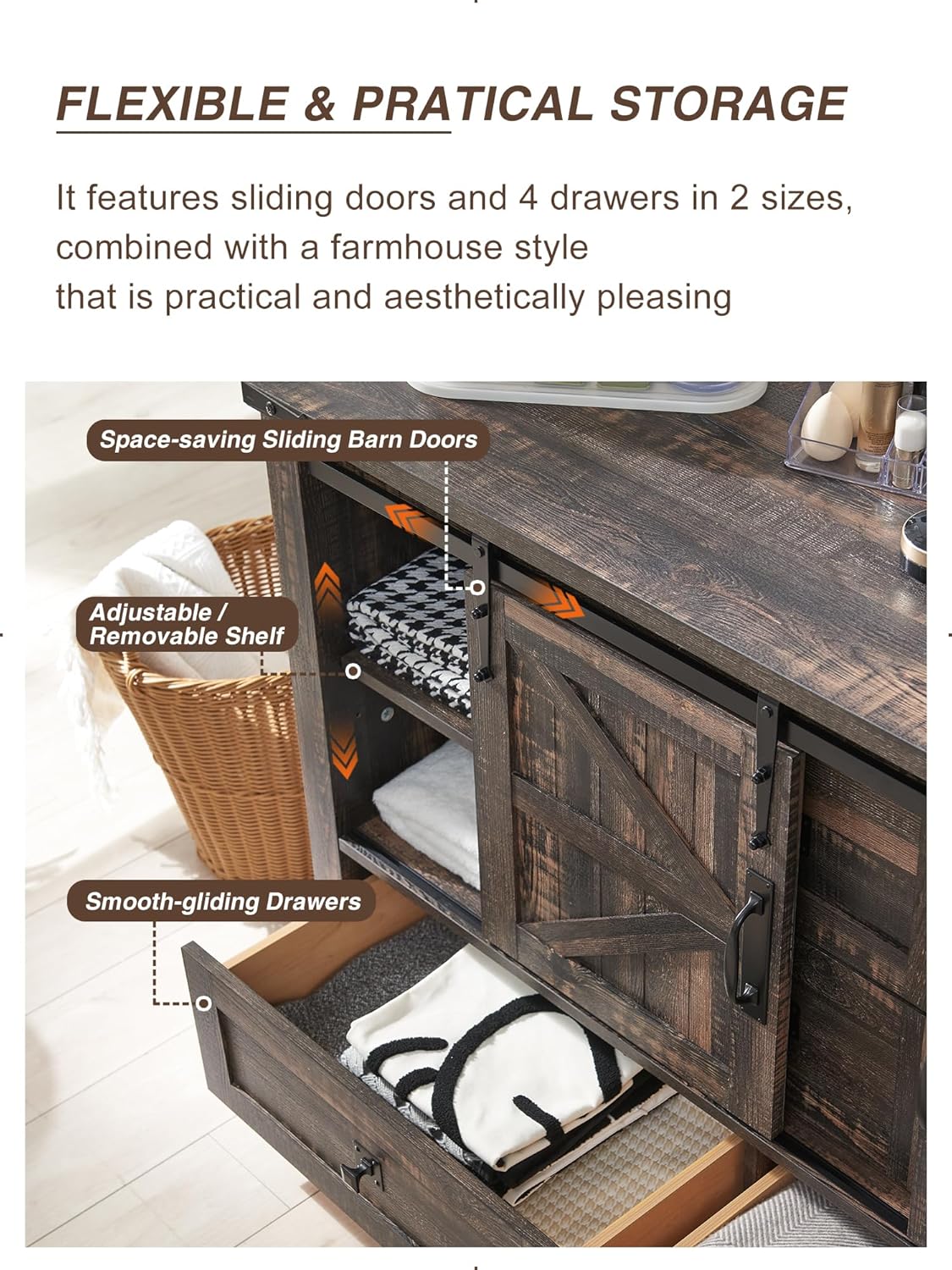 T4TREAM 48'' Farmhouse Dresser w/4 Drawers & 2 Sliding Barn Doors, Tall Chest of Drawers Organizer, Rustic Dresser TV Stand w/Adjustable Shelf for Bedroom, Living Room, Nursery Room, Dark Rustic Oak