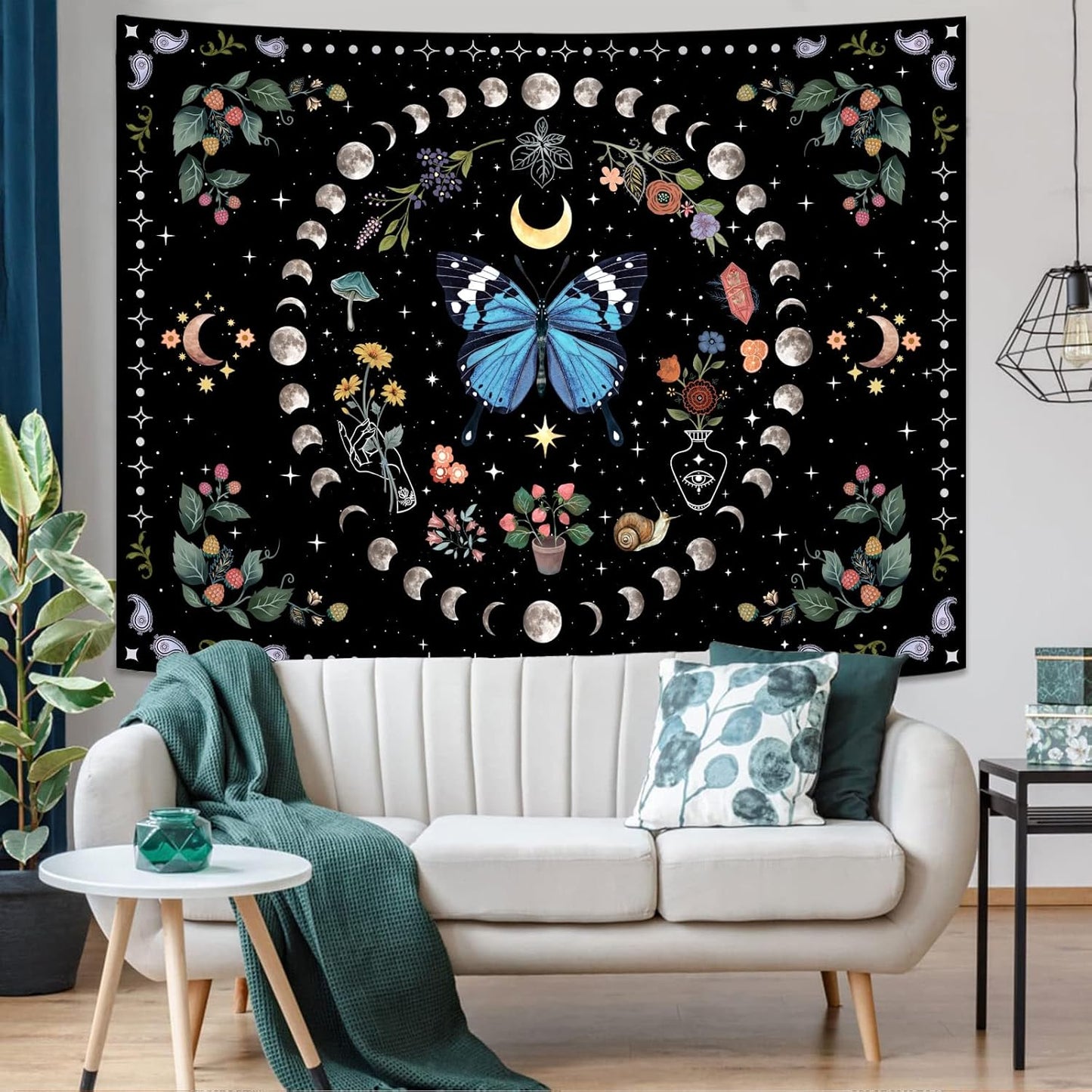 Aipon Blue Butterfly Moon Flower Tapestry Botanical Boho Plant Floral Wall Hanging for Bedroom and Living Room (36.00'' 48.00'', Blue)