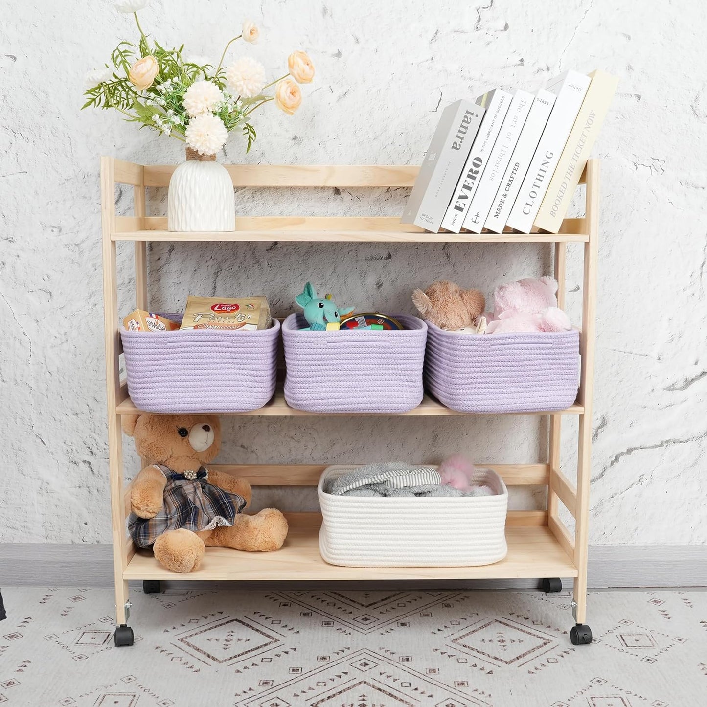Small Woven Storage Baskets 13“X9”X5“ Decorative Rope Bins for Organizing Shelves, Closets, and Toys, Empty Gift Baskets, Cute Organizer Basket for Home and Office (purple, Large)