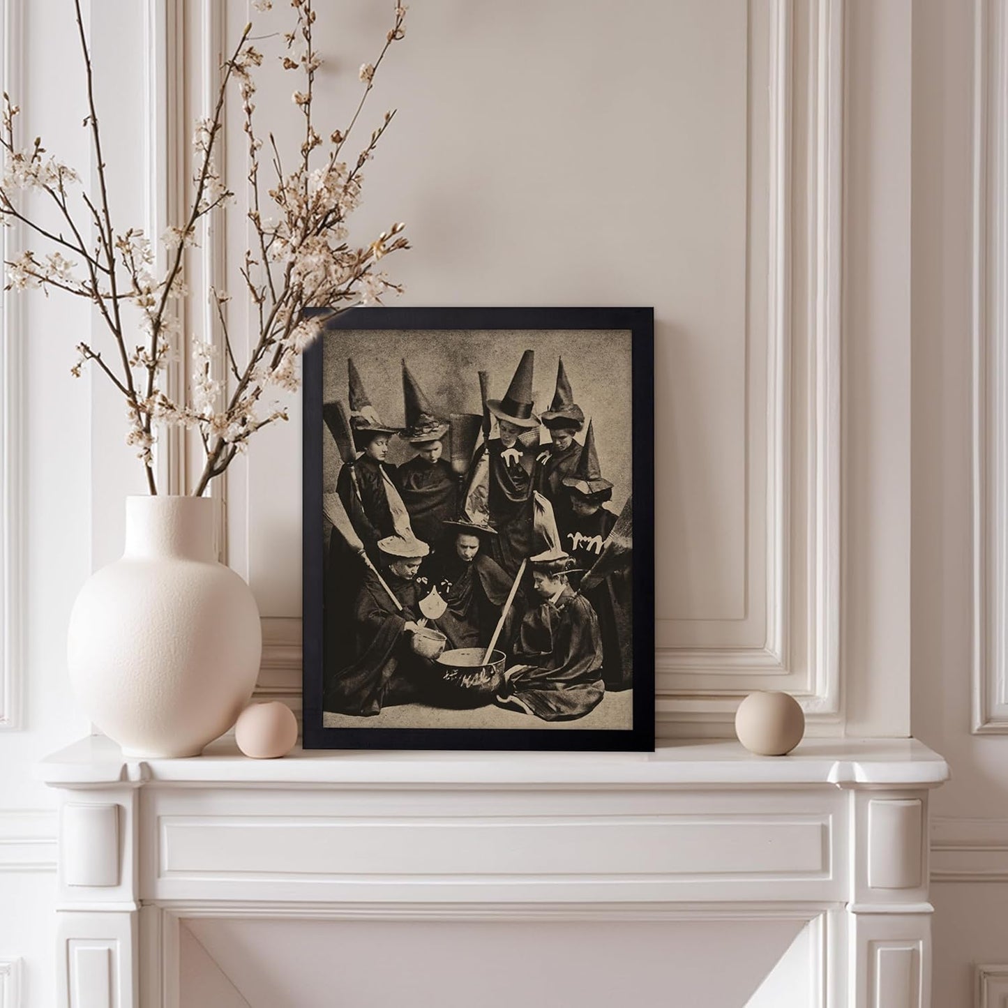Poster Master Vintage Photograph Poster - Retro Halloween Print - Gift for Artist, Friend - Witches Cooking, Pointy Hats, Broomsticks, Black Magic - Wall Decor for Bedroom, 8x10 Black Framed