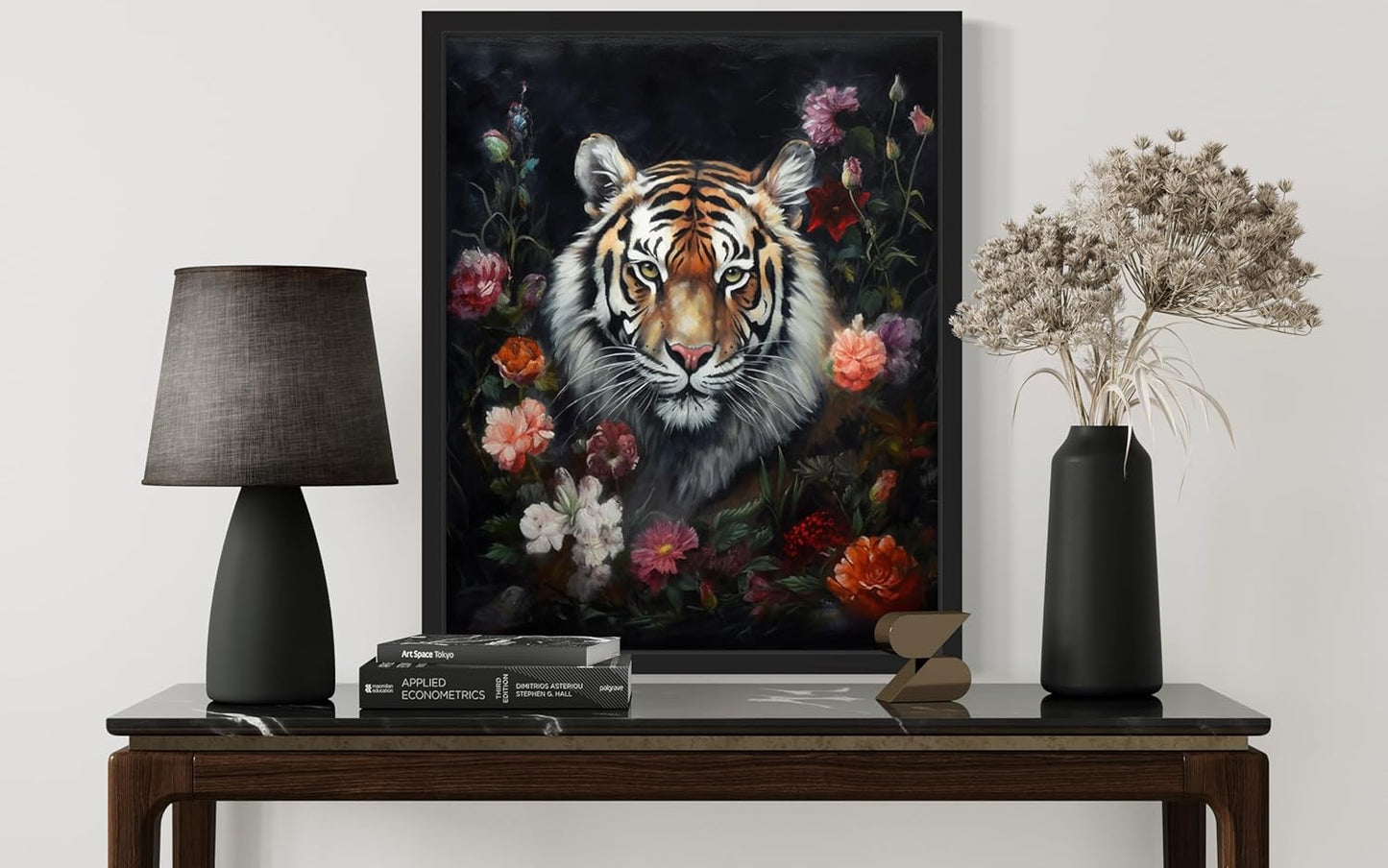 Tiger and Flower Poster Art Print, Halloween Scary Vintage Wall Art Academia Spooky Painting Decoration for Horror Prints, Gothic Posters Bedroom Decor 89 (Tiger and Flower, 11 x 14 inches, Black Frame)