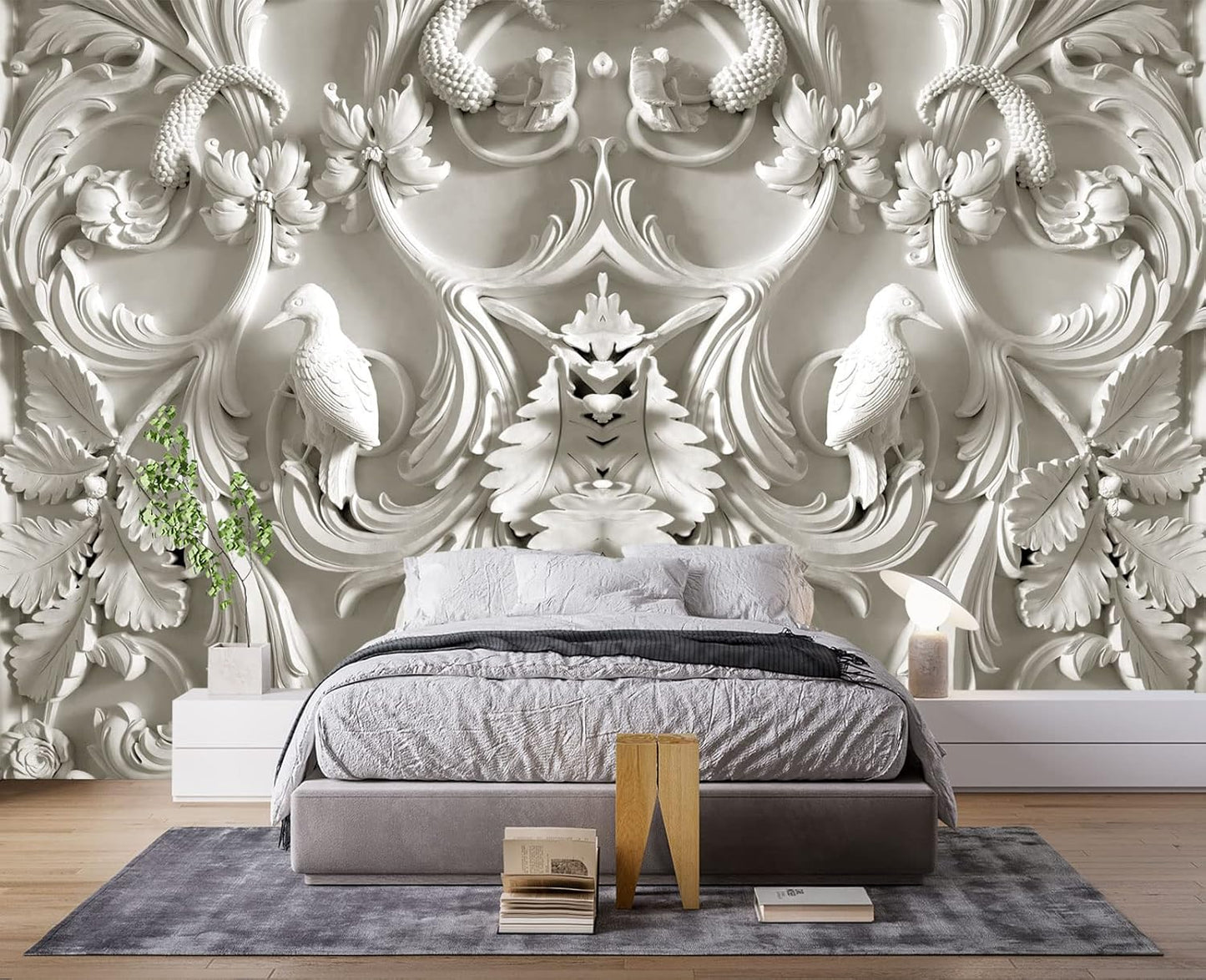 White Gypsum Art Wall Mural Wallpaper for Bedroom 178" x 117"