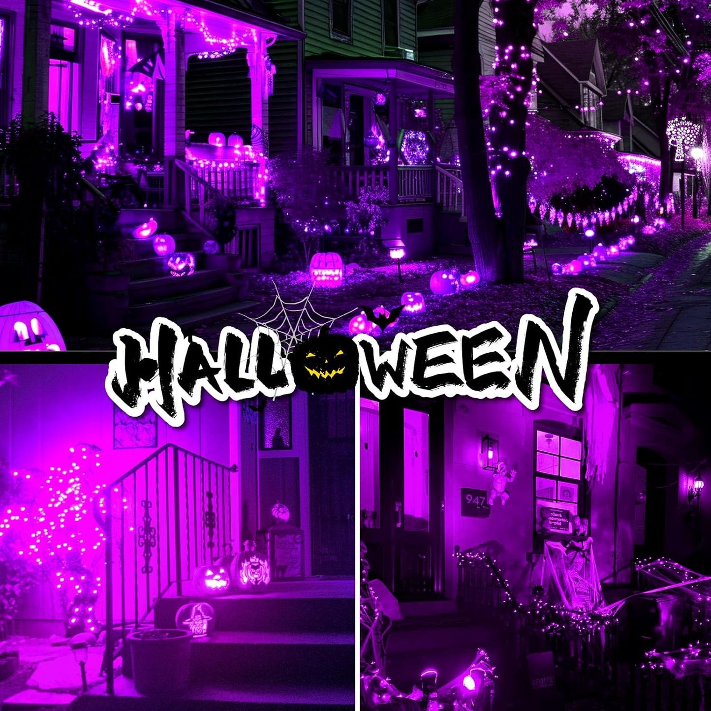 4 Pack Solar String Lights Outdoor - 320LED 132FT Halloween Solar Fairy Lights Outside Waterproof, 8 Modes Purple Solar Powered Twinkle Lighting Decorations for Tree Garden Yard Spooky Patio Party
