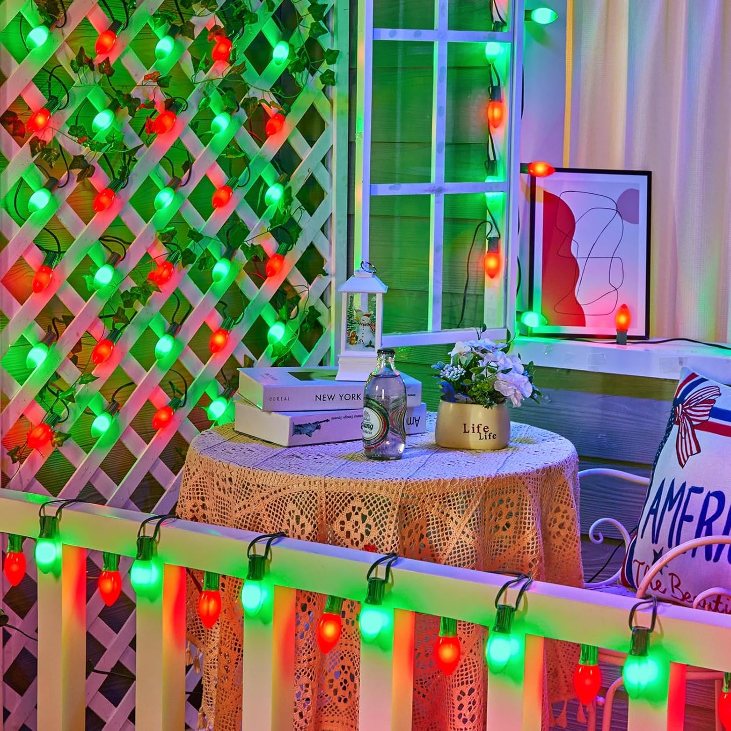 Vintage C9 LED Christmas Lights Outdoor, 50 Feet C9 String Lights with 50 Shatterproof Matte Bulbs, Connectable Waterproof Lights for Holiday Party Roofline Backyard Garden Patio, Red & Green