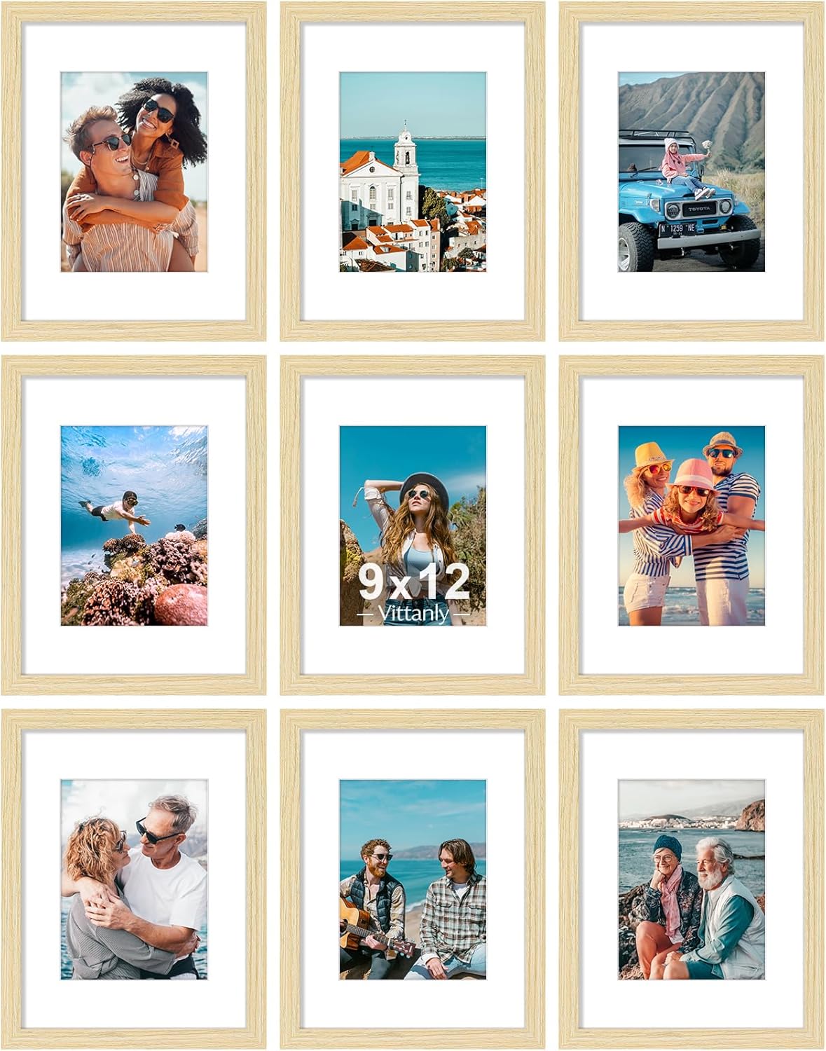 Vittanly 9x12 Picture Frames Set of 9, Shatter Resistant Plexiglass, Display 6x8 Pictures with Mat or 9x12 without Mat, Photo Frames for Wall or Tabletop, Engineered Wood, OAK