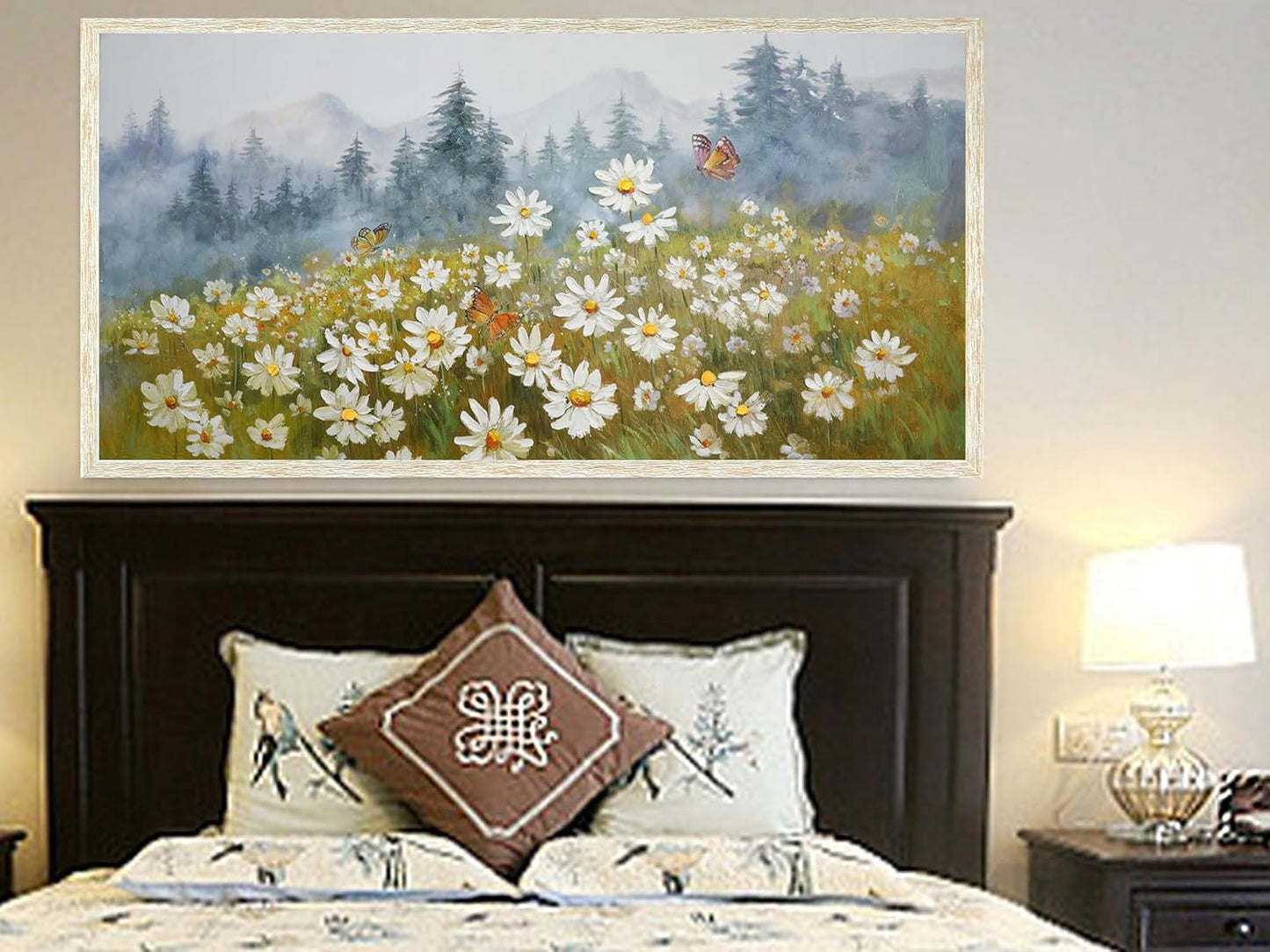 Arjun Flower Wall Art Canvas Landscape Daisy Painting Mountain Picture White Daisy Textured Floral Forest Artwork for Living Room Bedroom Office Home Wall Decor, Extra Large Framed Wood Grain 58"x29"