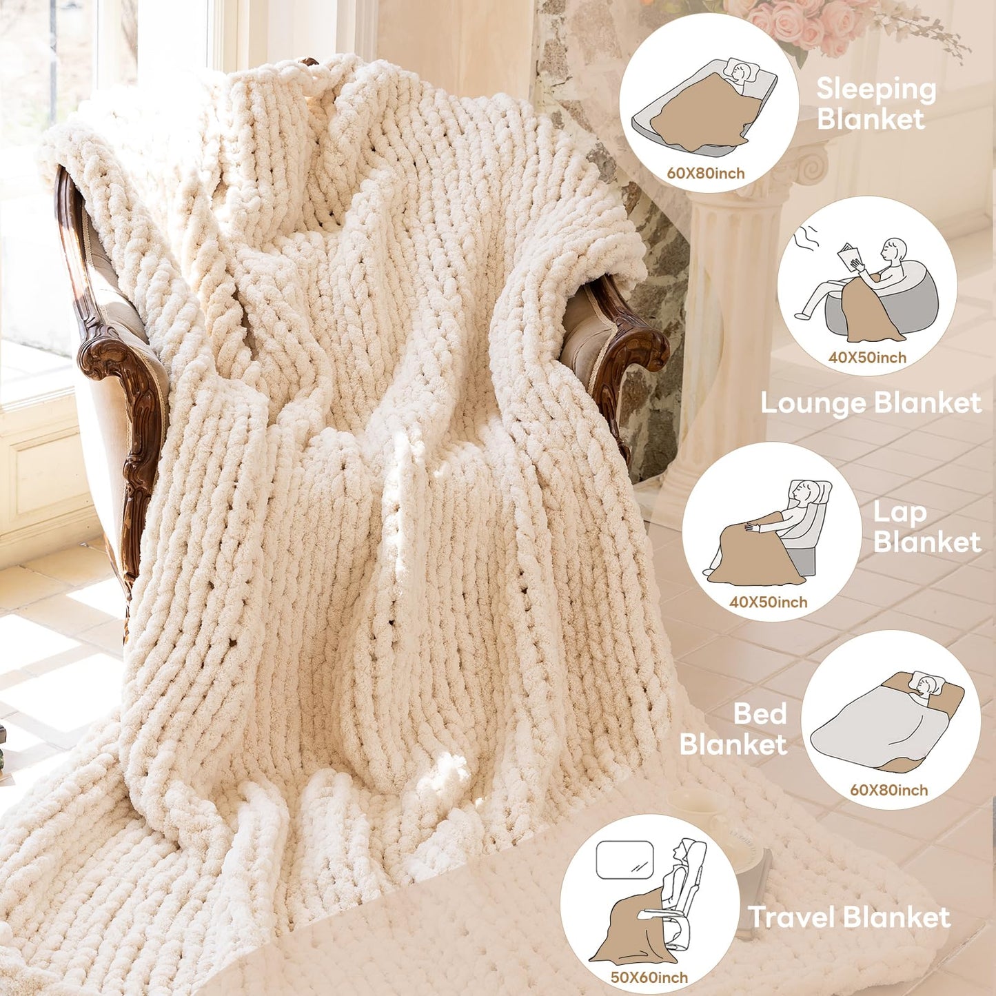 Premium Cream Chunky Knit Throw Blanket | 60"x80" Woven Rope Knot Design | Ultra Soft & Machine Washable