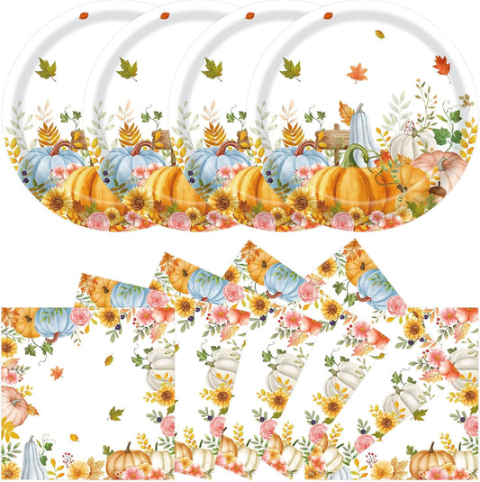 40Pcs Fall Paper Plates and Napkins Party Supplies, Disposable Thanksgiving Pumpkin Flower Wreath Plates Napkins Dinnerware Set for Autumn Theme Party Decorations (Fall)