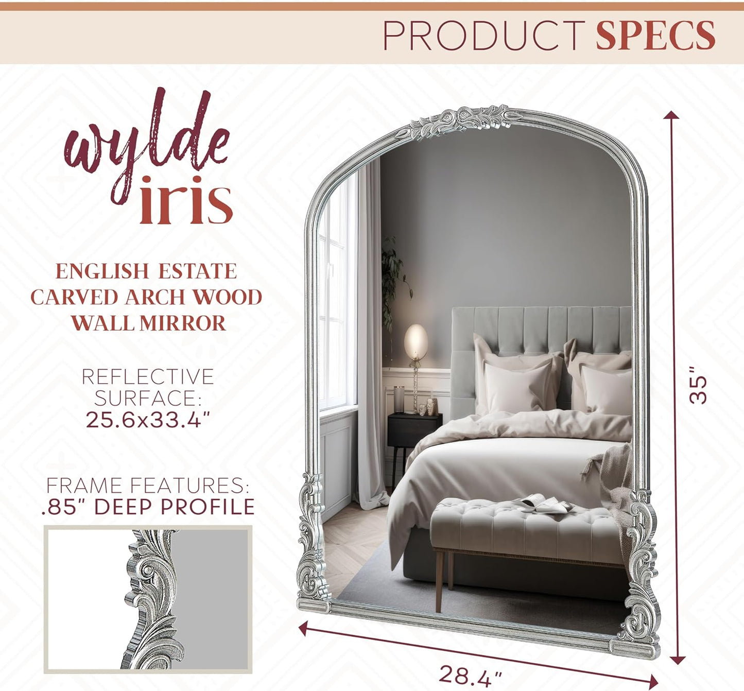 English Estate Carved Arch Wood Wall Mirror, Mirror for Entryway, Living Room, Bathroom, Antique Silver, 25.6x33.4