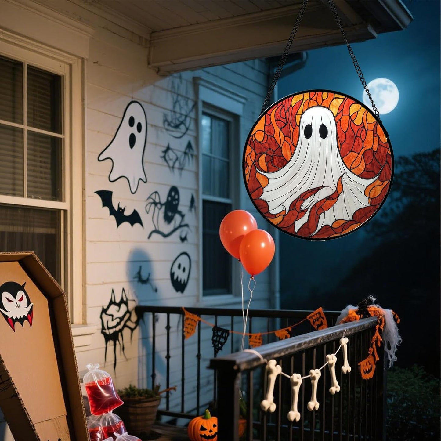 Stained Glass Window Hanging - Halloween Decorations White Ghost Orange Sky Suncatcher for Doors Garden Funny Spooky Sun Catchers Gothic Decor Horror Gifts for Women Men Friend Boy 7.8 in
