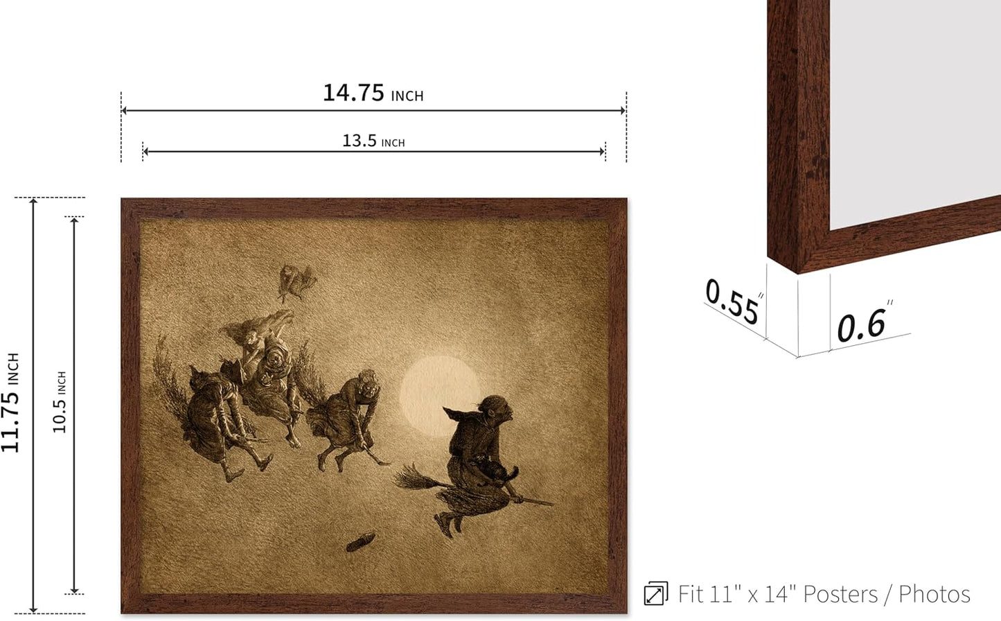 Poster Master Vintage William Holbrook Beard Poster - Retro Occult Print - Gift for Gothic, Horror Fan - The Witches Ride, Pagan, Goth, Magic - Wall Decor for Bedroom, Dorm, 11x14 Brown Framed