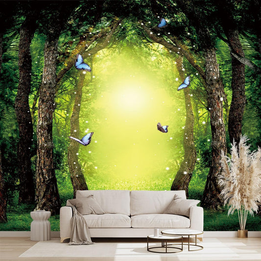 Classy Dream Butterfly Forest Tree Wallpaper for Bedroom Jungle Woodland Wall Mural Living Room Large Woods Adhesive Fabric decorr - 91"x65"（Not Peel and Stick）