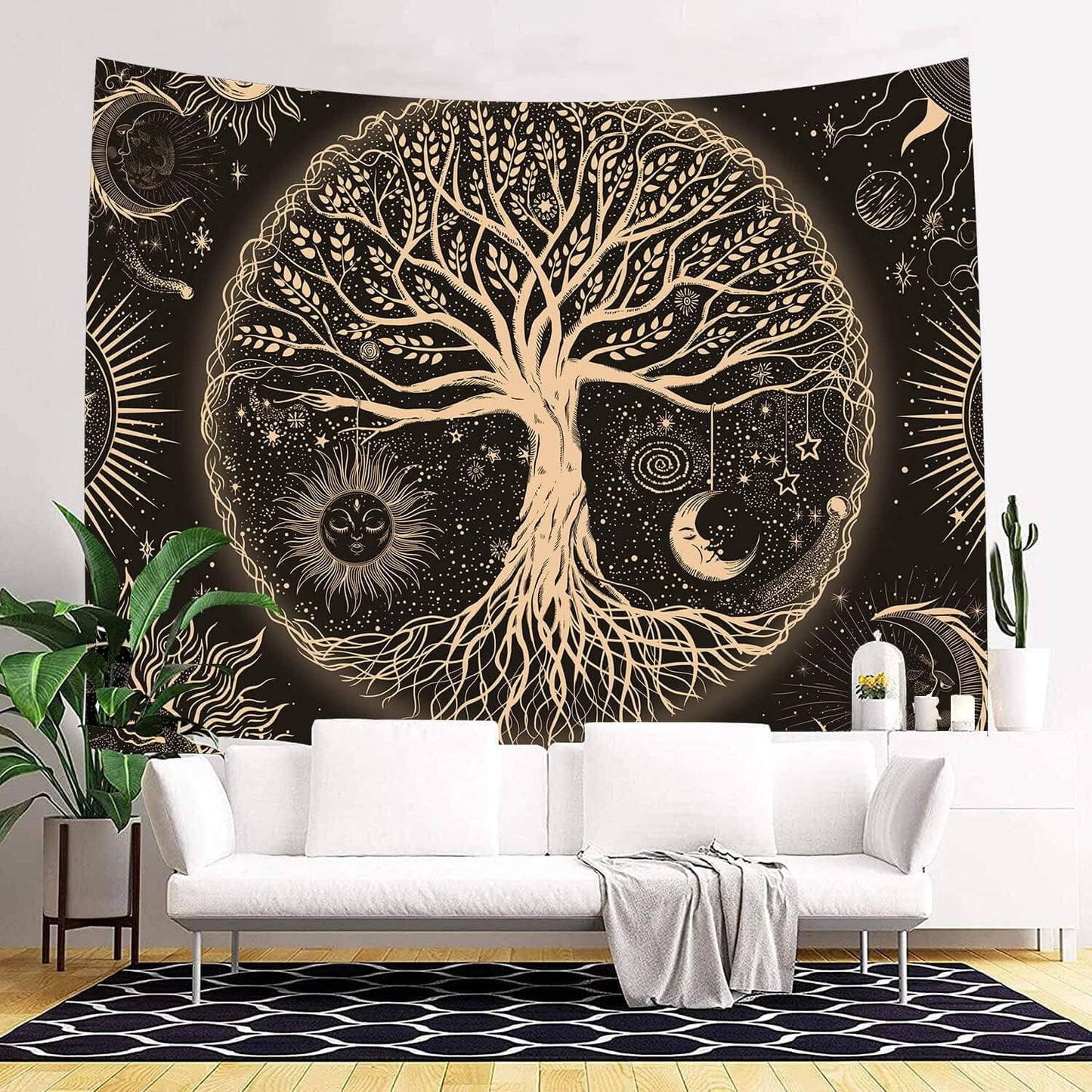 FORATER Tree of Life Tapestry Wall Hanging Sun Moon Stars Tapestries Aesthetic Galaxy Wall Tapestry Nature Home Decoration for Living Room Bedroom(36 x 48 Inch, Black and Gold)