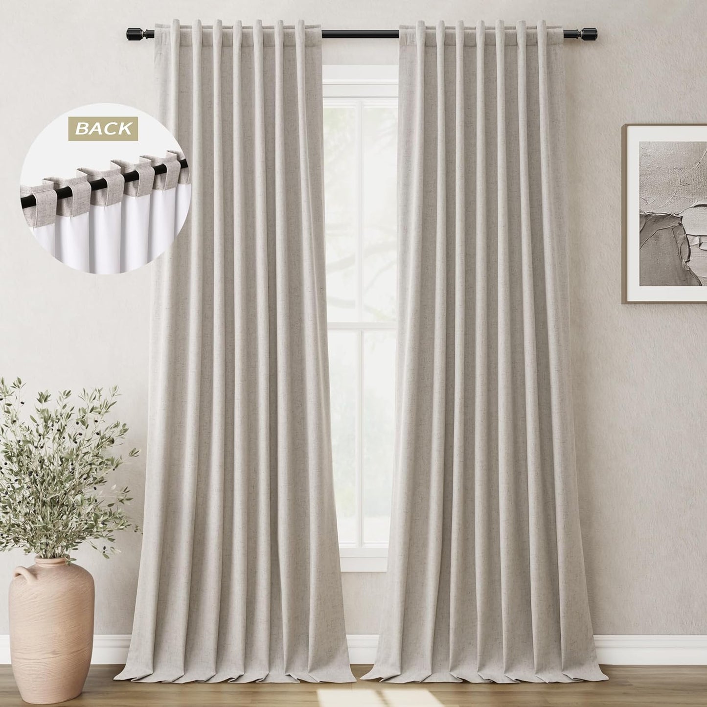 BOODII 108 Inch Black Out Curtains 2 Panels Set Back Tab Thermal Insulated Neutral Linen Textured Blackout Curtains Noise Reducing Living Room Darkening Window Drapes Pleated Greige Taupe 52x108