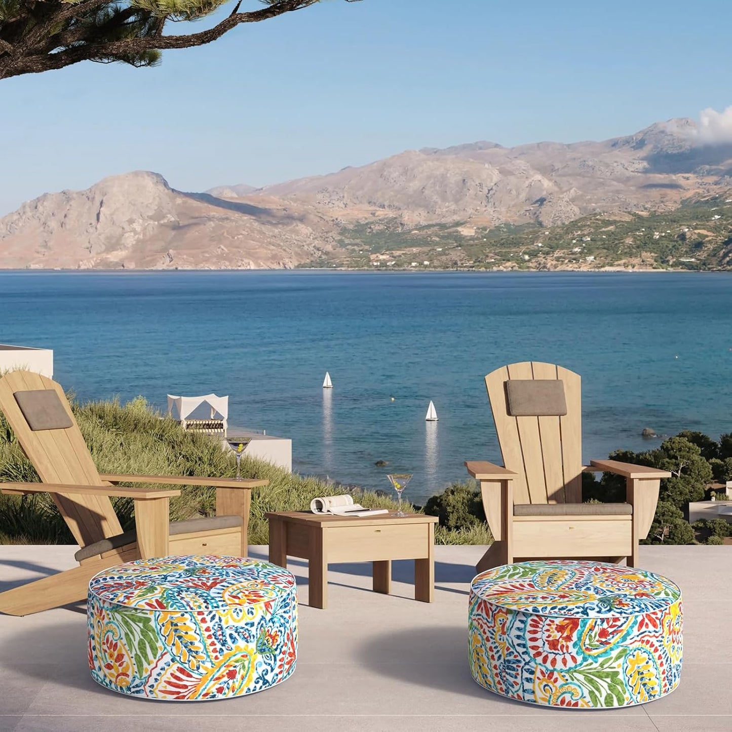 Inflatable Ottoman Stool D21 xH9 for Outdoor/Indoor Use, Water Repellent Patio Foot Rest Stool with Portable Handle,Round Pouf Ottoman Suitable for Garden,Deck and Camping - Paisley Multi