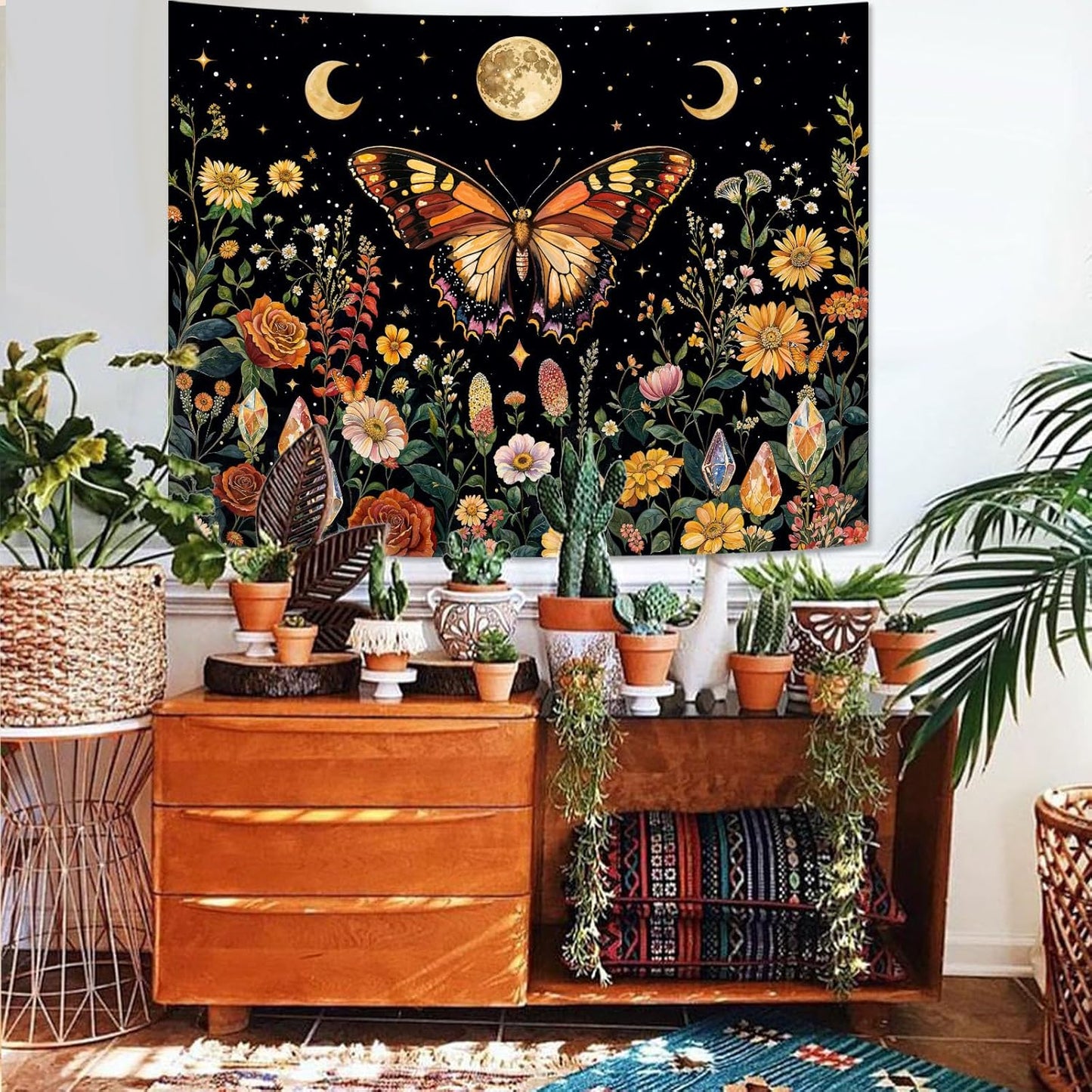 Lunerfex Boho Butterfly Tapestry Flower Moon Wall Tapestry, Moon Phases Tapestries for Bedroom Cute Tapestries Wall Hanging for Bedroom Living Room Decor Butterfly-2 60"x80"