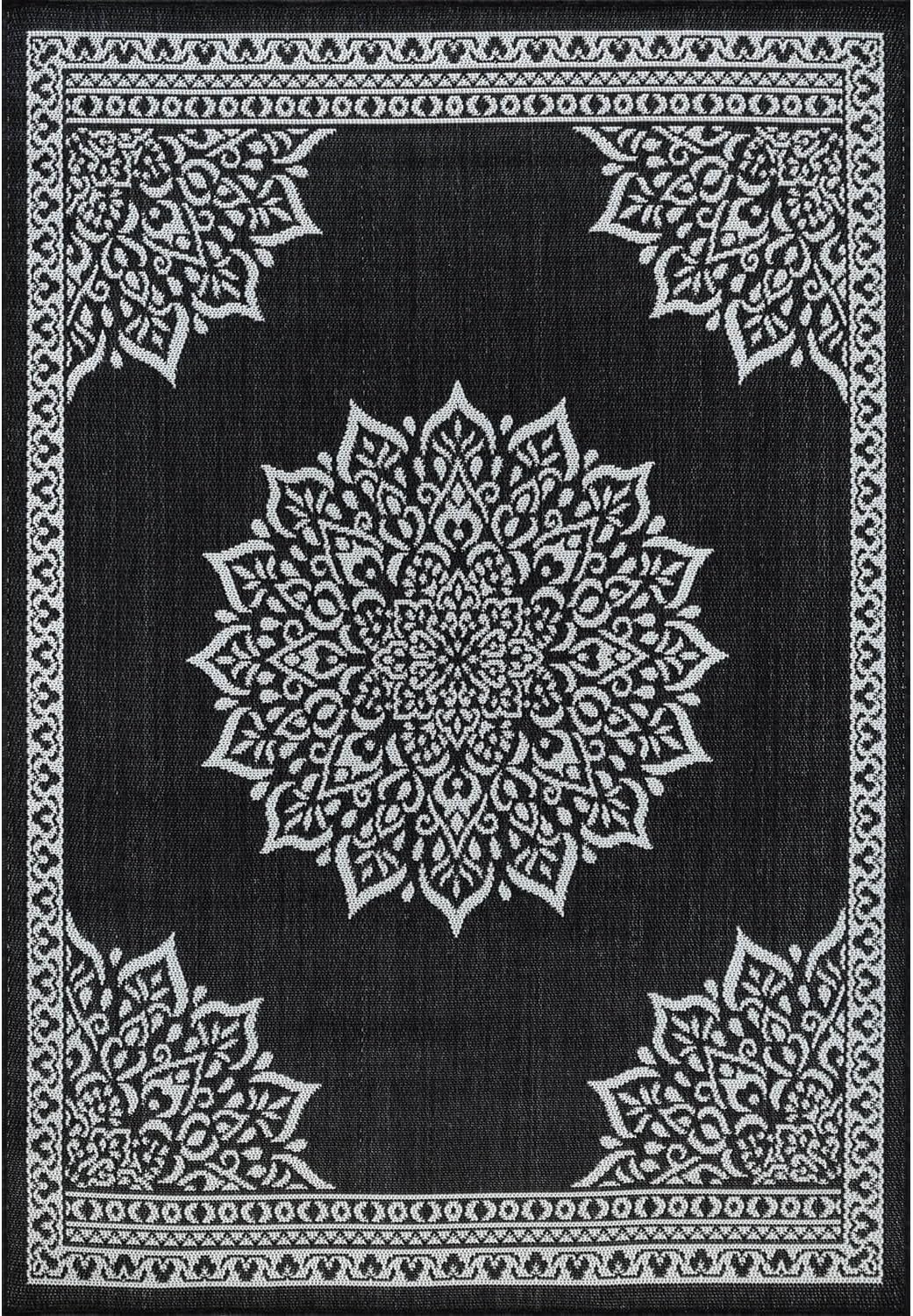 CAMILSON Outdoor Rug, 5x7 Medallion Black White Modern Area Rugs for Indoor and Outdoor Patios, Kitchen and Hallway Mats, Washable Porch Deck Outside Carpet (Medallion Black, 5 x 7)