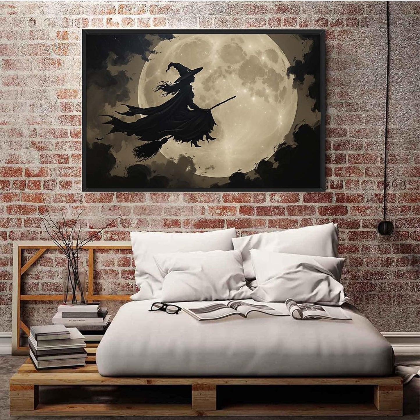 JFHCQJPK Full moon witch silhouette poster witch on magic broom Halloween mural poster decorative mural art suitable for home living room bedroom20x30in Metal blackFramed