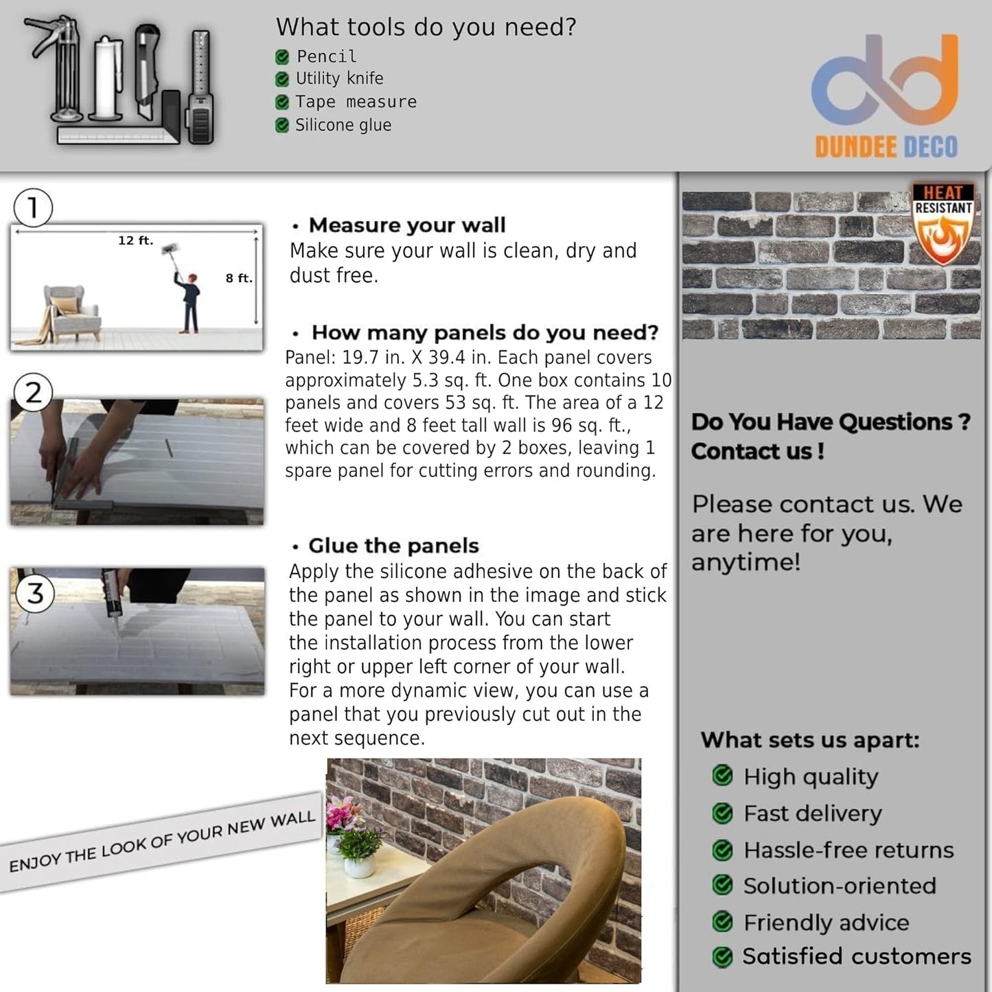 Dundee Deco 3D Wall Panels Faux Brick - Cladding Grey Black Stone Look Wall Paneling, Styrofoam, Sample, Size 10 x 10 in.