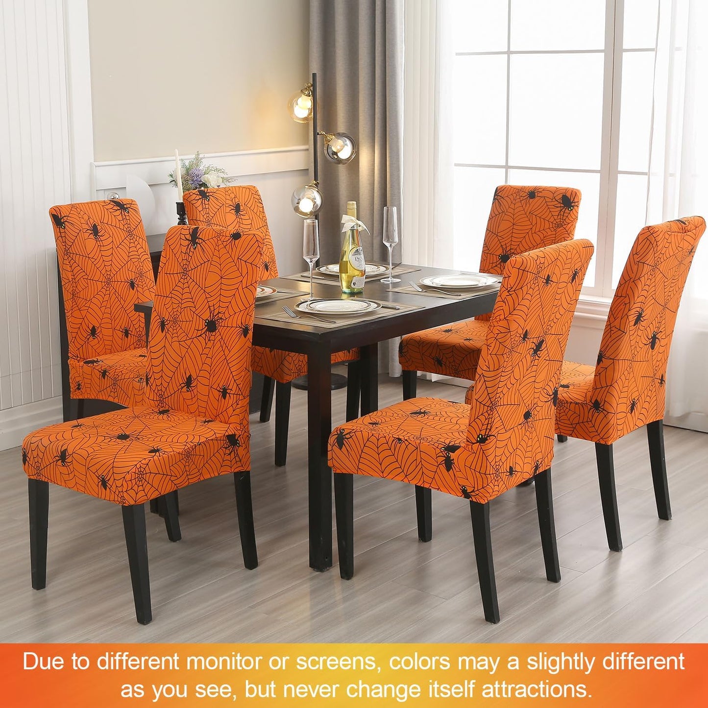 JQinHome Halloween Orange Dining Chair Slipcover, Spider Web Chair Covers Set of 4 ，High Stretch Washable Chair Protector Cover for Dining Room, Kitchen,Home Party,Wedding Ceremony(Orange, 4PC)