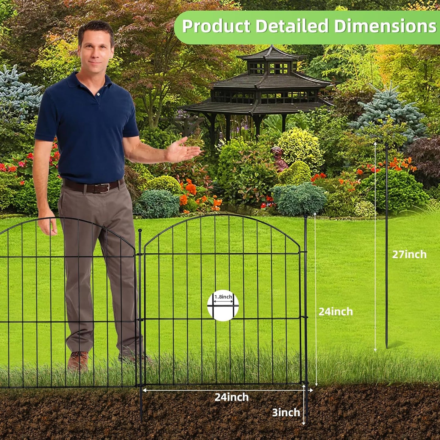 Decorative Garden Fence 24in (H) x10ft (L), 5 Pack No Dig Fence Animal Barrier for Dog, Arched Flower Bed Edging, Wire Border Panel Fencing for Yard Patio Outdoor Decor