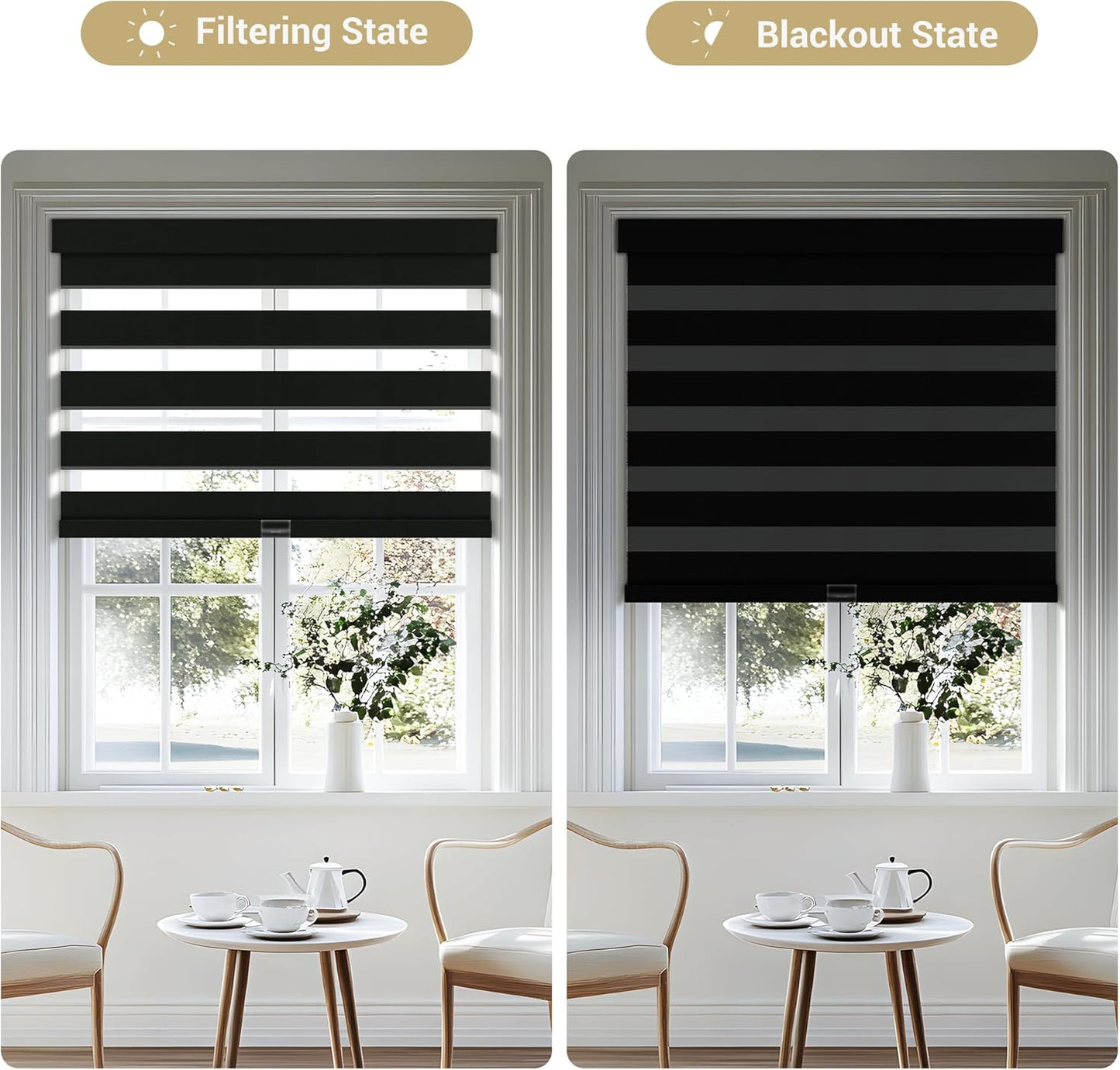 Cordless Zebra Blinds for Windows, Blackout Interior Blinds,Easy to Install,UV Protection,for Offices and Home,Custom Roller Shades, Solid Black, 63" W x 36" H