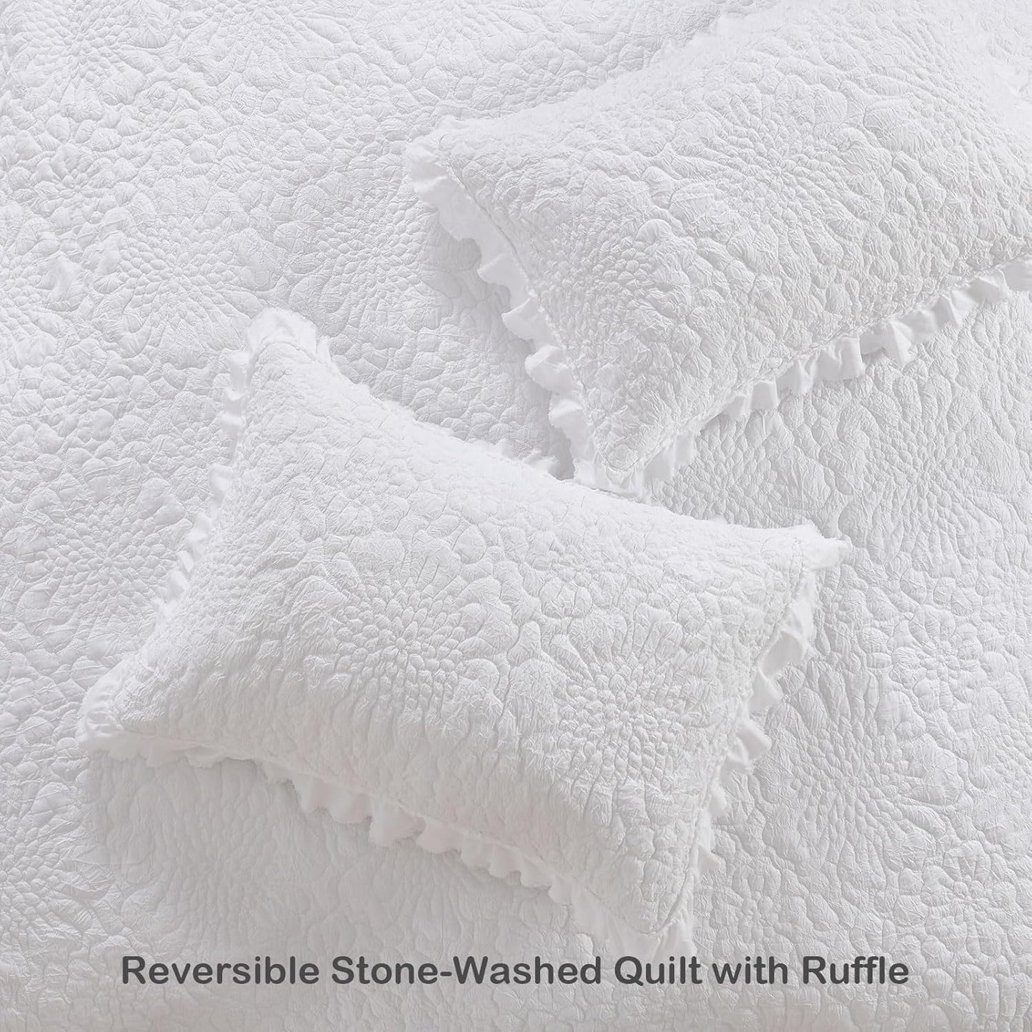 HORIMOTE HOME White Ruffled Quilt Queen Size, Stone-Washed Microfiber Lightweight Crinkled Farmhouse Rustic Shabby Chic Bedding Set, 3 Pieces Reversible Bedspread with Pillow Shams for All Season