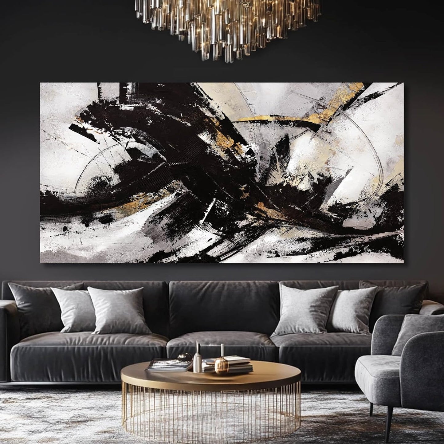 Abstract Wall Art for Living Room Canvas Wall Decor Large Artwork Black And Gold Wall Decorations Black Pictures for Wall 29"x58"